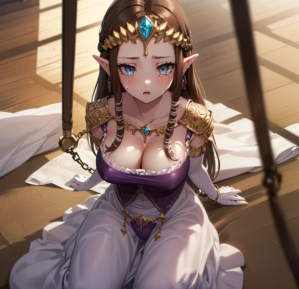 ((((restrained, shackles, rope)))),((((restrained, shackles, rope)))),((Scared)),((A large amount of thick rope)),((((Exposed shoulders)))),(((Sleeping in bed))),,(((Golden hair ornament)),,(((Long Hair)))),((Big Breasts)),((((Exposed shoulders)))),(()),Princess Zelda, ((Highest quality)),,(Very detailed) ,((Purple blouse)),Brown Hair,((Embarrassed look)),blush, ((Highest quality)), (Very detailed), ,(((Dark brown hair))),Nintendo, (Straight hair), face,blush,((Open both eyes)), ((Highest quality)), (Very detailed), ,