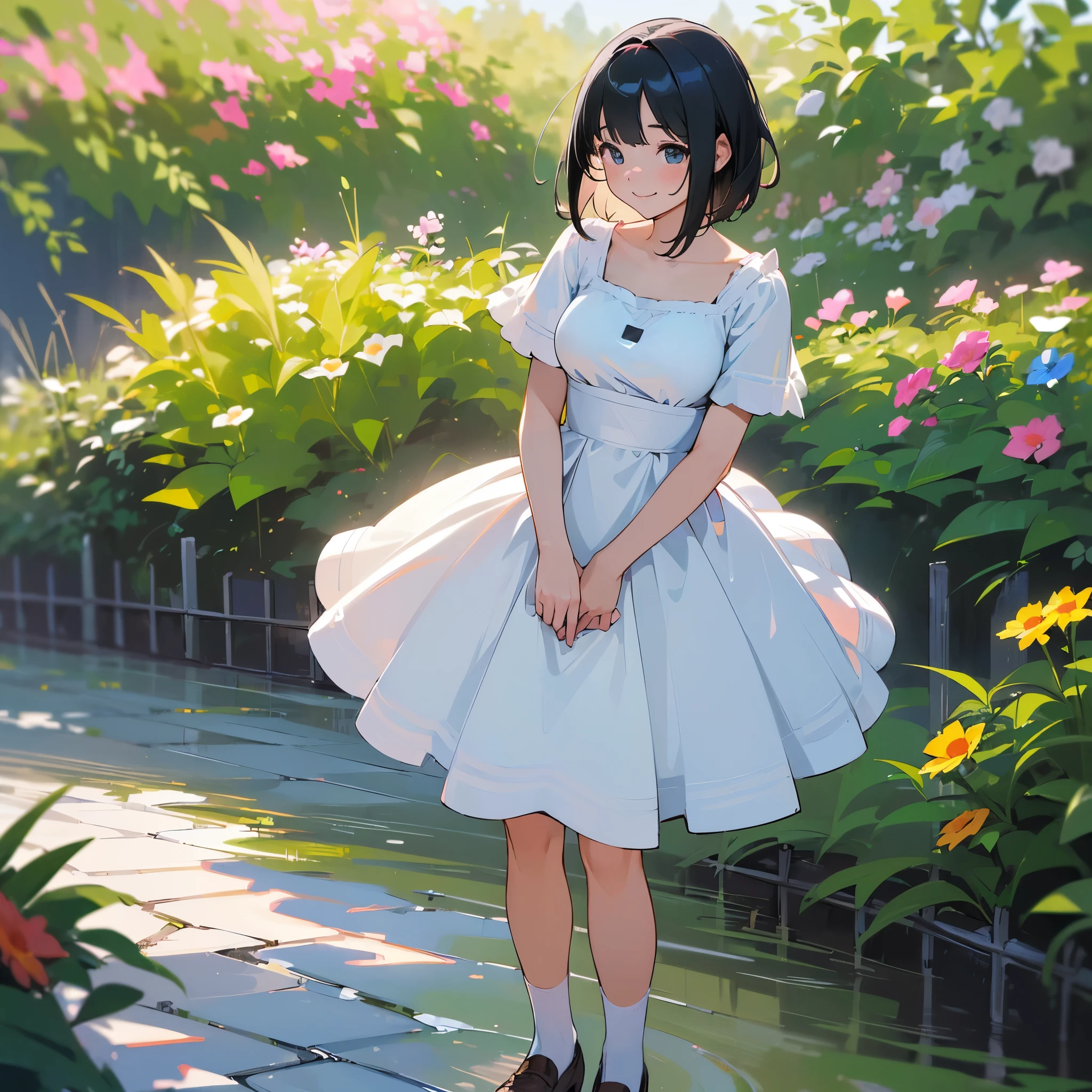 (high quality, High resolution, Very detailed, reality:1.37), Peaceful atmosphere, (Outdoor, garden), Teenage girl standing alone, (my breasts are big.), Beautiful details, Cute Smile, (Black bob hair), White short-sleeved dress, White socks, loafers.