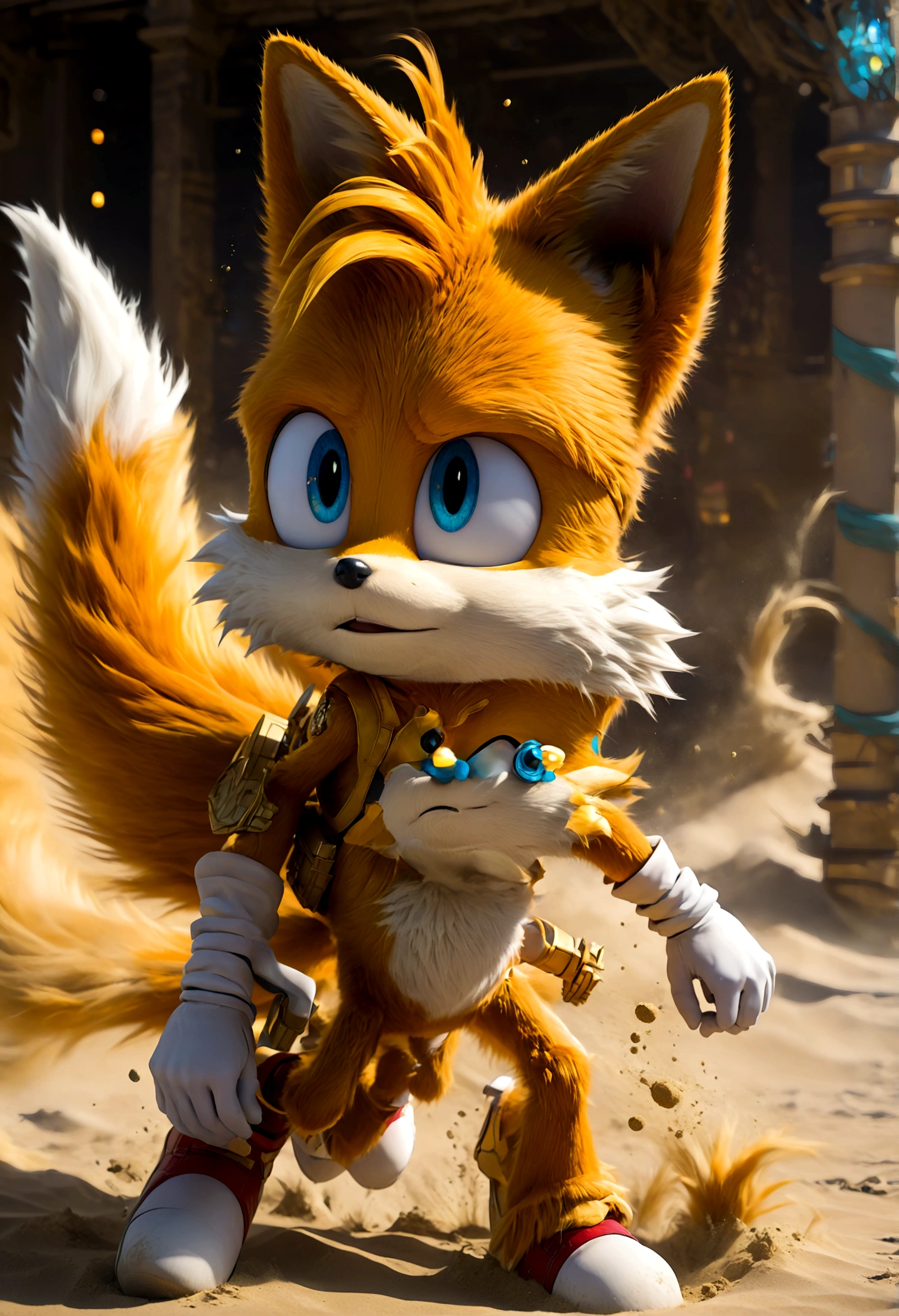 1boy, tails_boom, In the vast desert, Tails chases the legendary golden temple, with golden dust swirling in the wind. He nimbly hops over sand dunes and dodges ancient traps, racing against time to explore secrets buried deep in the sandy sea, solo, blue eyes, gloves, animal ears, male focus, white gloves, fox ears, goggles, multiple tails, furry, goggles on, furry male, animal nose, fox boy, streets, town, road, Running towards the viewer, (Motion Blur:1.2), action-lines, speed-lines, anime screenshot, source_anime, dramatic composition, cinematic dynamic action scene, vibrant colors, cinematic lighting, dramatic lighting, best quality, masterpiece, very aesthetic, perfect composition, intricate details, ultra-detailed