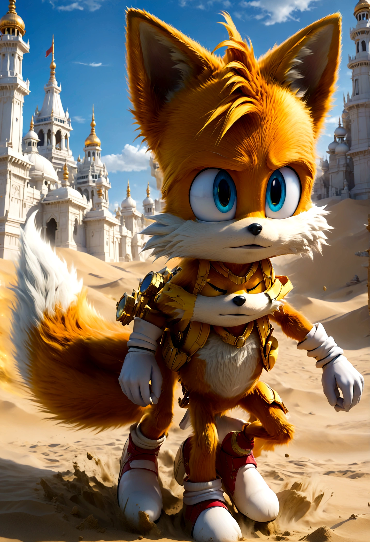 1boy, tails_boom, In the vast desert, Tails chases the legendary golden temple, with golden dust swirling in the wind. He nimbly hops over sand dunes and dodges ancient traps, racing against time to explore secrets buried deep in the sandy sea, solo, blue eyes, gloves, animal ears, male focus, white gloves, fox ears, goggles, multiple tails, furry, goggles on, furry male, animal nose, fox boy, streets, town, road, Running towards the viewer, (Motion Blur:1.2), action-lines, speed-lines, anime screenshot, source_anime, dramatic composition, cinematic dynamic action scene, vibrant colors, cinematic lighting, dramatic lighting, best quality, masterpiece, very aesthetic, perfect composition, intricate details, ultra-detailed