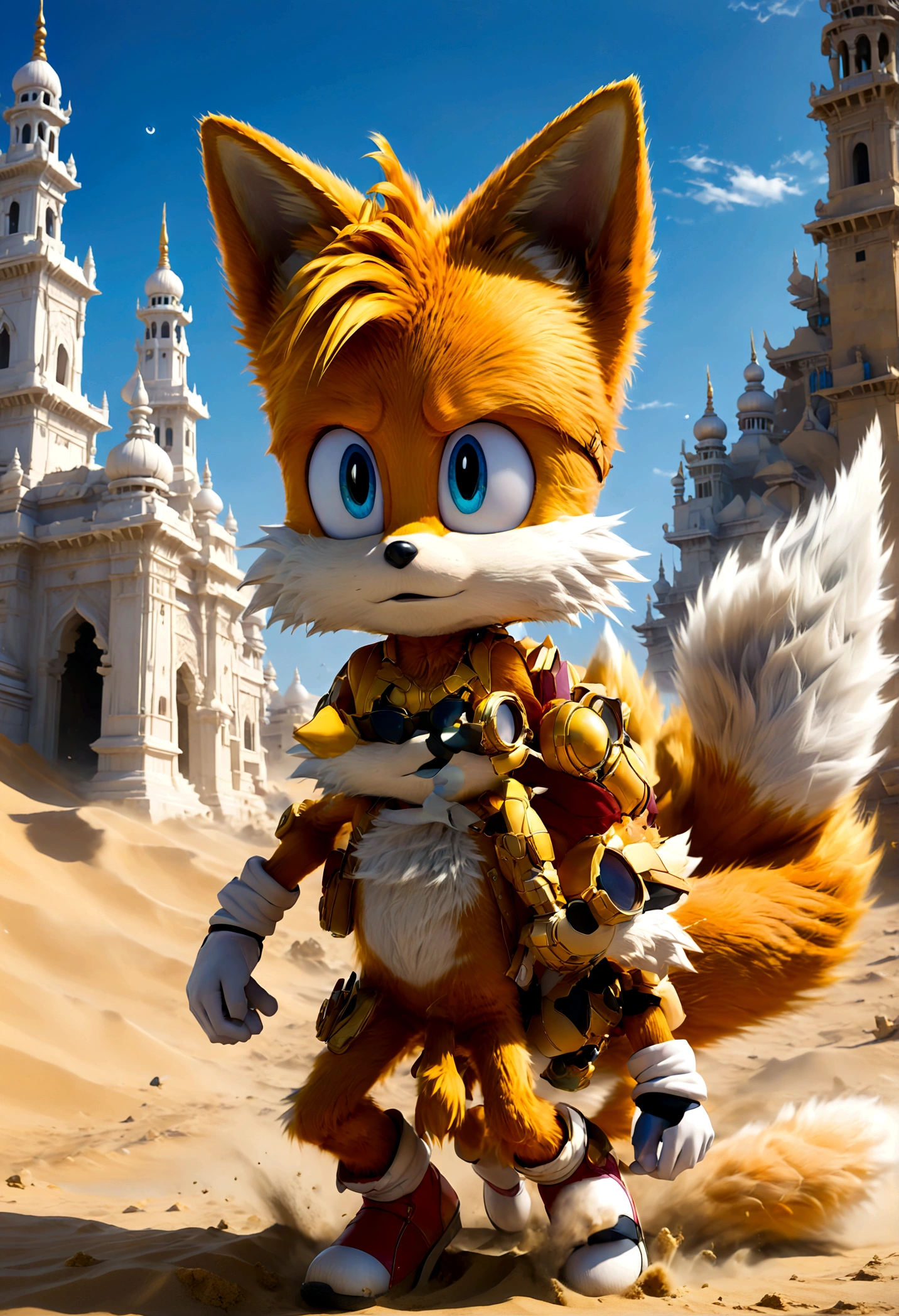 1boy, tails_boom, In the vast desert, Tails chases the legendary golden temple, with golden dust swirling in the wind. He nimbly hops over sand dunes and dodges ancient traps, racing against time to explore secrets buried deep in the sandy sea, solo, blue eyes, gloves, animal ears, male focus, white gloves, fox ears, goggles, multiple tails, furry, goggles on, furry male, animal nose, fox boy, streets, town, road, Running towards the viewer, (Motion Blur:1.2), action-lines, speed-lines, anime screenshot, source_anime, dramatic composition, cinematic dynamic action scene, vibrant colors, cinematic lighting, dramatic lighting, best quality, masterpiece, very aesthetic, perfect composition, intricate details, ultra-detailed