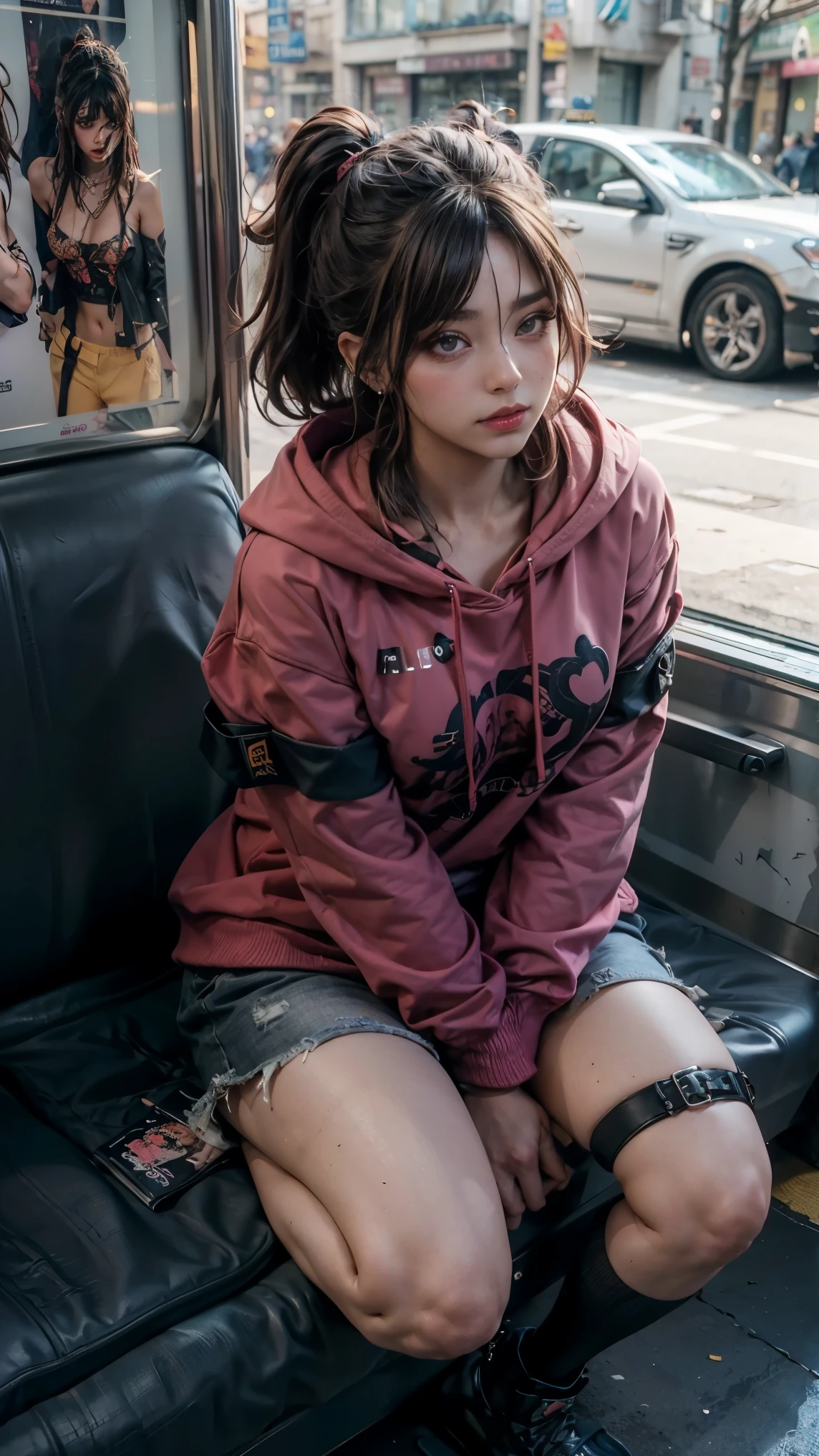 vista desde arriba ((Una mujer sentada abrazando sus rodillas y sus pies elevados)), ((Cabello rosa, recogido y peinado punk)), with makeup that highlights her melancholic look, looking at nothing with melancholy, cuerpo esbelto y delicado, cabello color rosa largo semi oculto por la capucha de su hoddie. en un vagon del metro subterraneo, viste un outfit moderno, moda estilo punk koreano, con un hoddie oversize, con un gran escote y cintas de neopreno)), The car is full of graffiti due to banditry, subway nocturno y triste. She is sitting with her knees raised to her head, raytraced, neon, subway de barrio, (Aesthetics and atmosphere:1.2), melancolica, apasionada, concentrada, ojos brillantes avellanados, plano amplio, cuerpo completo. (foto cruda, mejor calidad), (realista, photo-realista:1.3), Obra maestra, un extremadamente perfecto y hermoso cuerpo, cuerpo palido extremadamente detallado, Best quality score, 8k quality, close up, high view, lo-fi poster