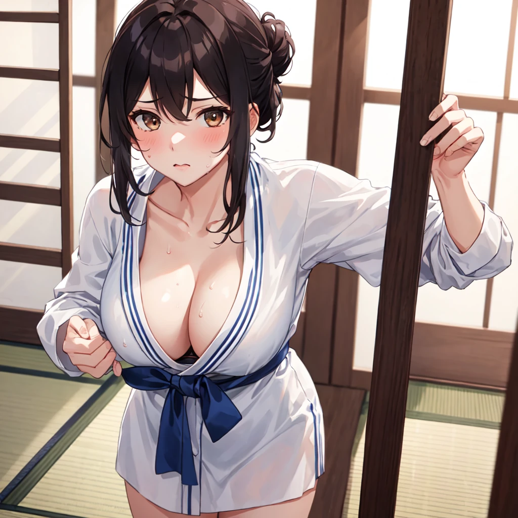 (masterpiece, best quality: 1.2), (1girls:1.5), ((Judo stance)), fighting pose, standing, (show off panties), (blue panties), high quality underwear, (glamorous), huge breasts, high detailed face, cute face, , thoughtful glance, (two legs), (annoyed), blush, sweat,
BREAK,
updo, brown eyes, beautiful eyes, palm of the hand, (collarbone), (looking at viewer), cowboy shot,
BREAK,
(white Judo uniform),
BREAK,
(Inside the Judo hall, tatami mat),