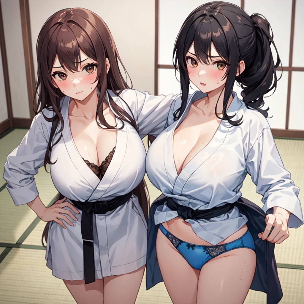 (masterpiece, best quality: 1.2), (1girls:1.5), ((Judo stance)), fighting pose, standing, (show off panties), (blue panties), high quality underwear, (glamorous), huge breasts, high detailed face, cute face, , thoughtful glance, (two legs), (annoyed), blush, sweat,
BREAK,
updo, brown eyes, beautiful eyes, palm of the hand, (collarbone), (looking at viewer), cowboy shot,
BREAK,
(white Judo uniform),
BREAK,
(Inside the Judo hall, tatami mat),
