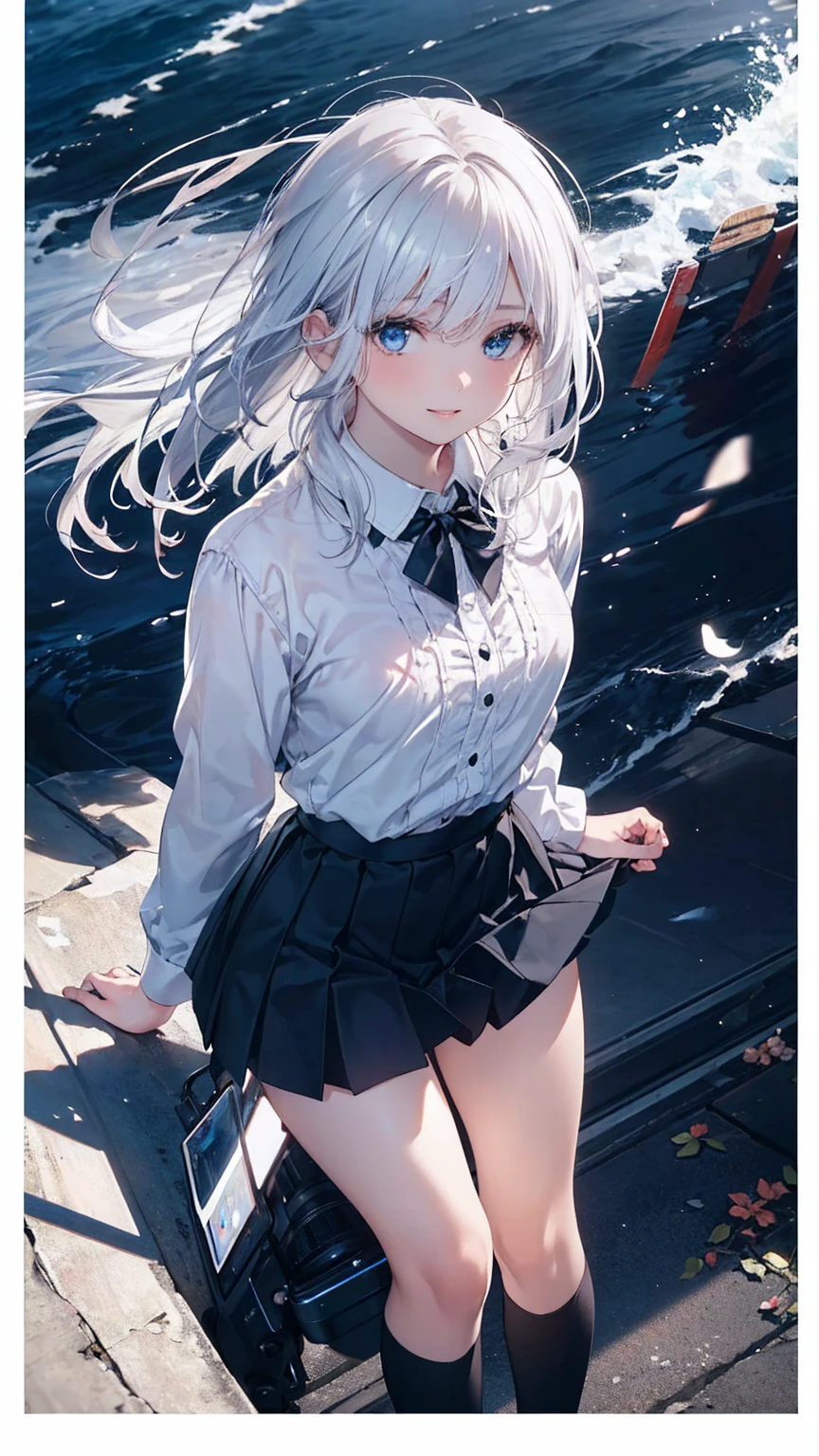 (One girl, with blue eyes and white hair, 28 years old:1.3), (Realistic:1.4), (masterpiece, highest quality, highest quality, Official Art), Very detailed, Most detailed, (Super detailed), ((Very delicate and beautiful)), Cinematic Light, (Realistically:1.3), (Highly detailed skin:1.2), High resolution, 8k UHD, 4K, 8k, Bokeh, Digital single-lens reflex camera,(Cute older sister:1.3)、Long eyelashes、Slanted Eyes、smile,Spring atmosphere、noon、Aggressive、((Strong winds))、Black knee-high socks、 Dynamic Angle, From above, Small breasts, V-neck, Spread your legs a little、Henry Shirt、skirt、Silver Hair、shy
