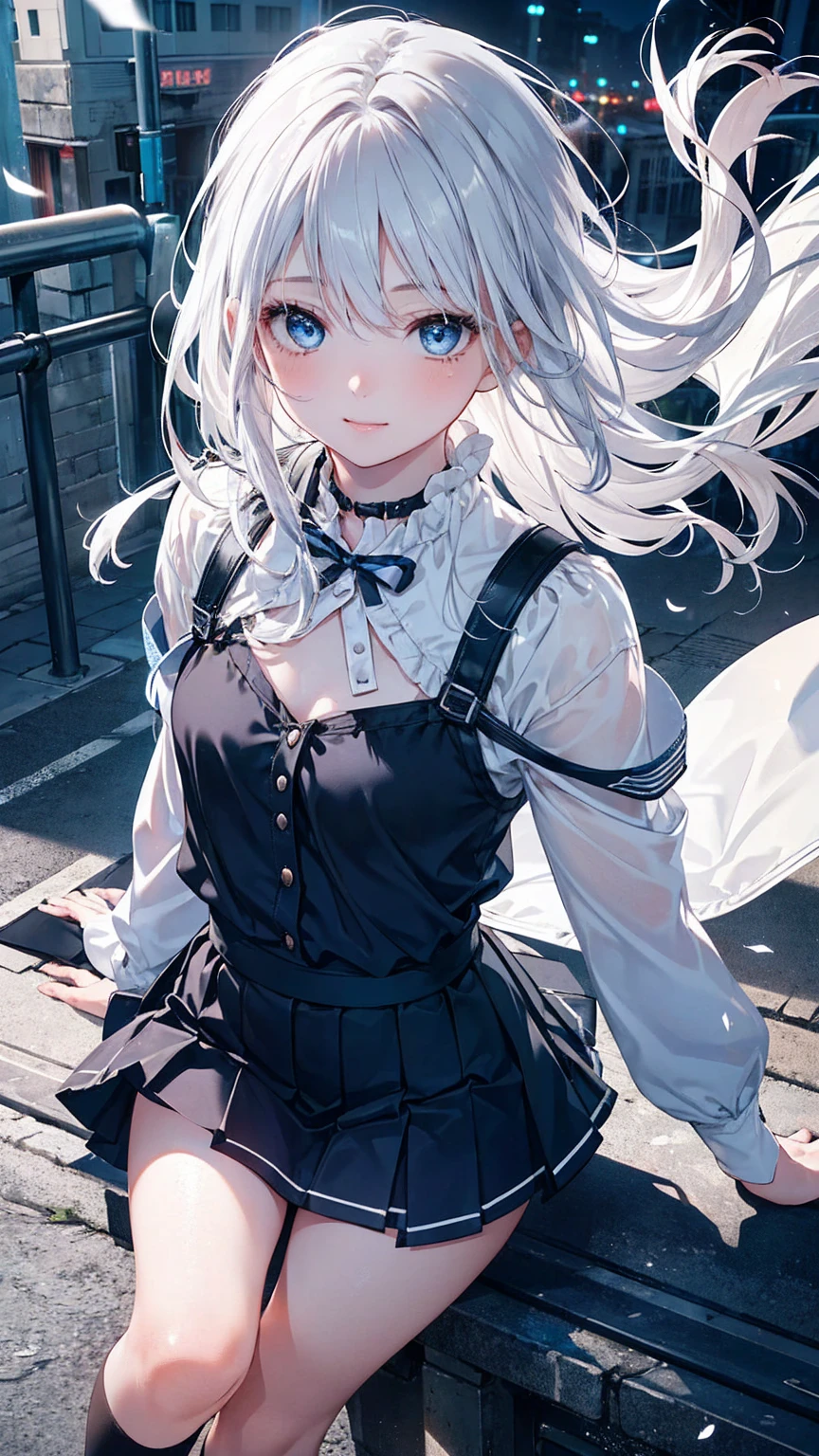 (One girl, with blue eyes and white hair, 28 years old:1.3), (Realistic:1.4), (masterpiece, highest quality, highest quality, Official Art), Very detailed, Most detailed, (Super detailed), ((Very delicate and beautiful)), Cinematic Light, (Realistically:1.3), (Highly detailed skin:1.2), High resolution, 8k UHD, 4K, 8k, Bokeh, Digital single-lens reflex camera,(Cute older sister:1.3)、Long eyelashes、Slanted Eyes、smile,Spring atmosphere、noon、Aggressive、((Strong winds))、Black knee-high socks、 Dynamic Angle, From above, Small breasts, V-neck, Spread your legs a little、Henry Shirt、skirt、Silver Hair、shy