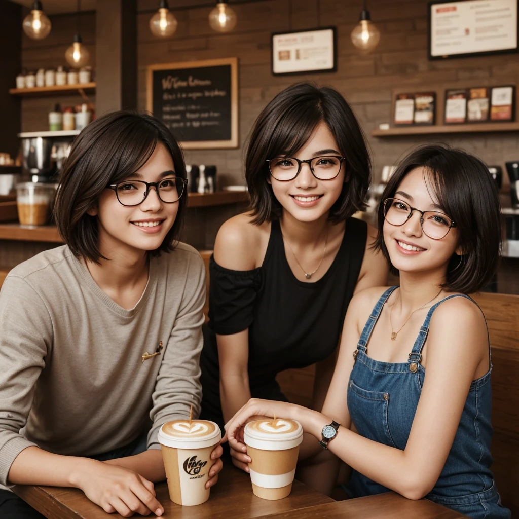 A beautiful plump woman with short, shoulder-length hair and glasses watches teenage boys sitting on her left and right smiling happily in a coffee shop.