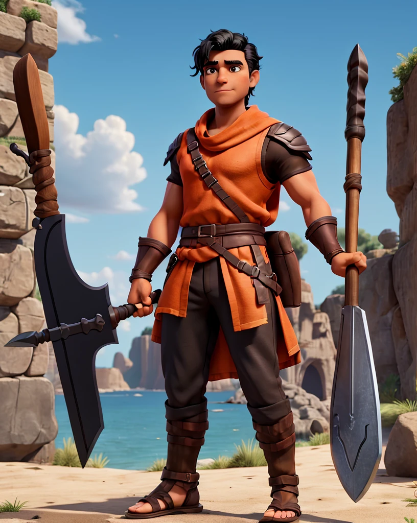 Man with black hair, brown eyes and fair skin, wearing orange barbarian tunic and black trousers, gauntlets and sandals, weilding axe, fullbody, medieval background, muscular