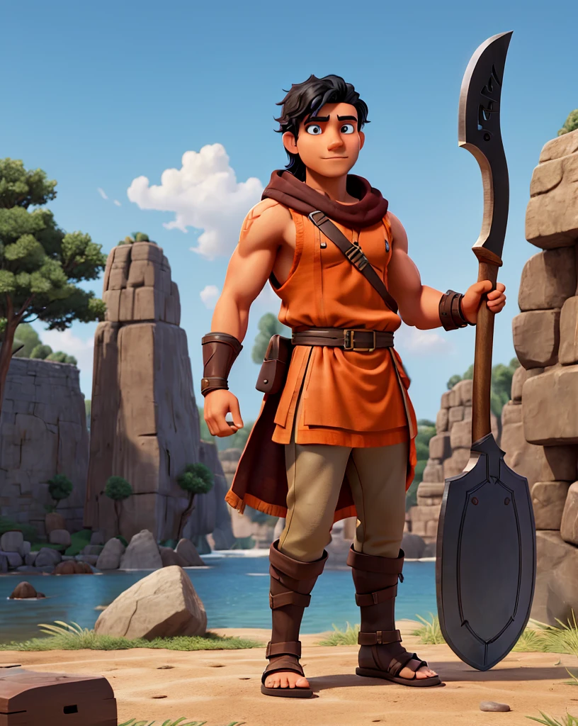 Man with black hair, brown eyes and fair skin, wearing orange barbarian tunic and black trousers, gauntlets and sandals, weilding axe, fullbody, medieval background, muscular