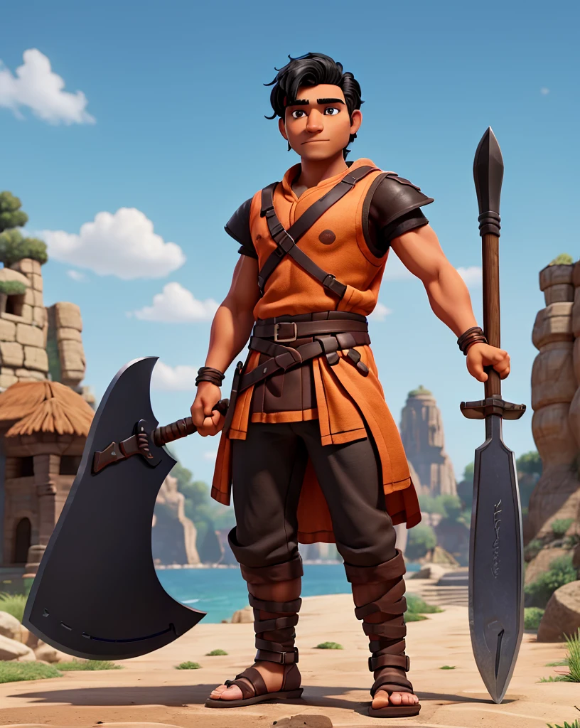 Man with black hair, brown eyes and fair skin, wearing orange barbarian tunic and black trousers, gauntlets and sandals, weilding axe, fullbody, medieval background, muscular