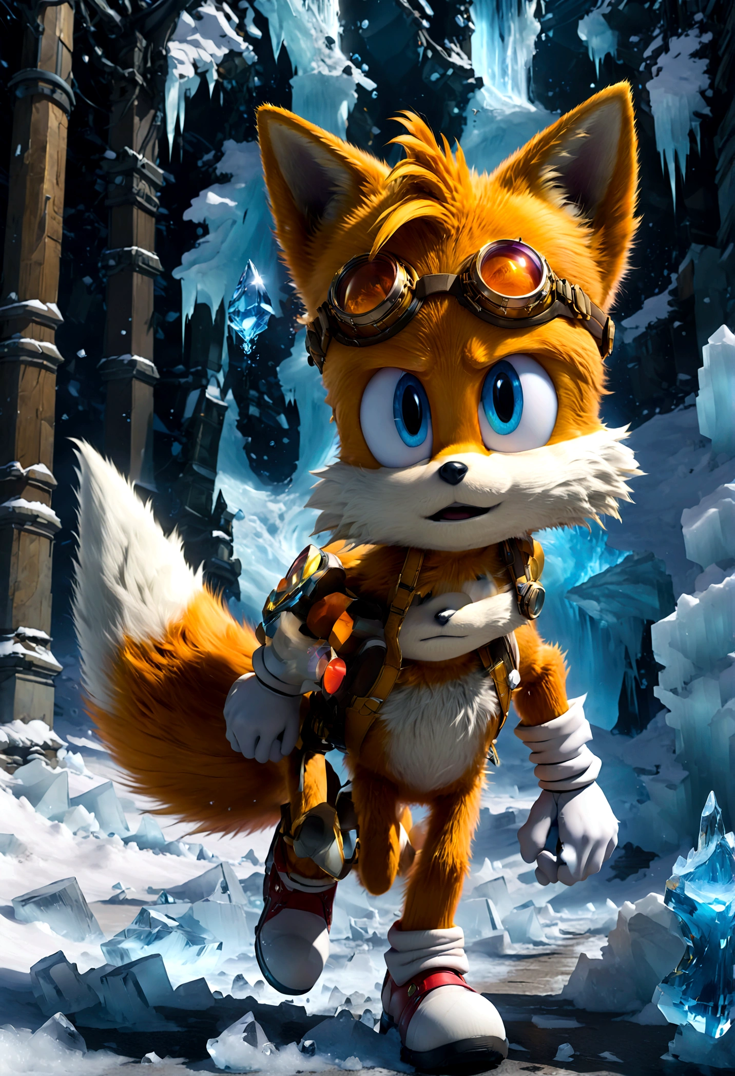 1boy, tails_boom, Zipping through the icy world, Tails speeds across arctic glaciers, utilizing the sliding effect on ice to advance swiftly, avoiding frigid crevasses and the threat of avalanches, in search of lost relics of civilization, solo, blue eyes, gloves, animal ears, male focus, white gloves, fox ears, goggles, multiple tails, furry, goggles on, furry male, animal nose, fox boy, streets, town, road, Running towards the viewer, (Motion Blur:1.2), action-lines, speed-lines, anime screenshot, source_anime, dramatic composition, cinematic dynamic action scene, vibrant colors, cinematic lighting, dramatic lighting, best quality, masterpiece, very aesthetic, perfect composition, intricate details, ultra-detailed