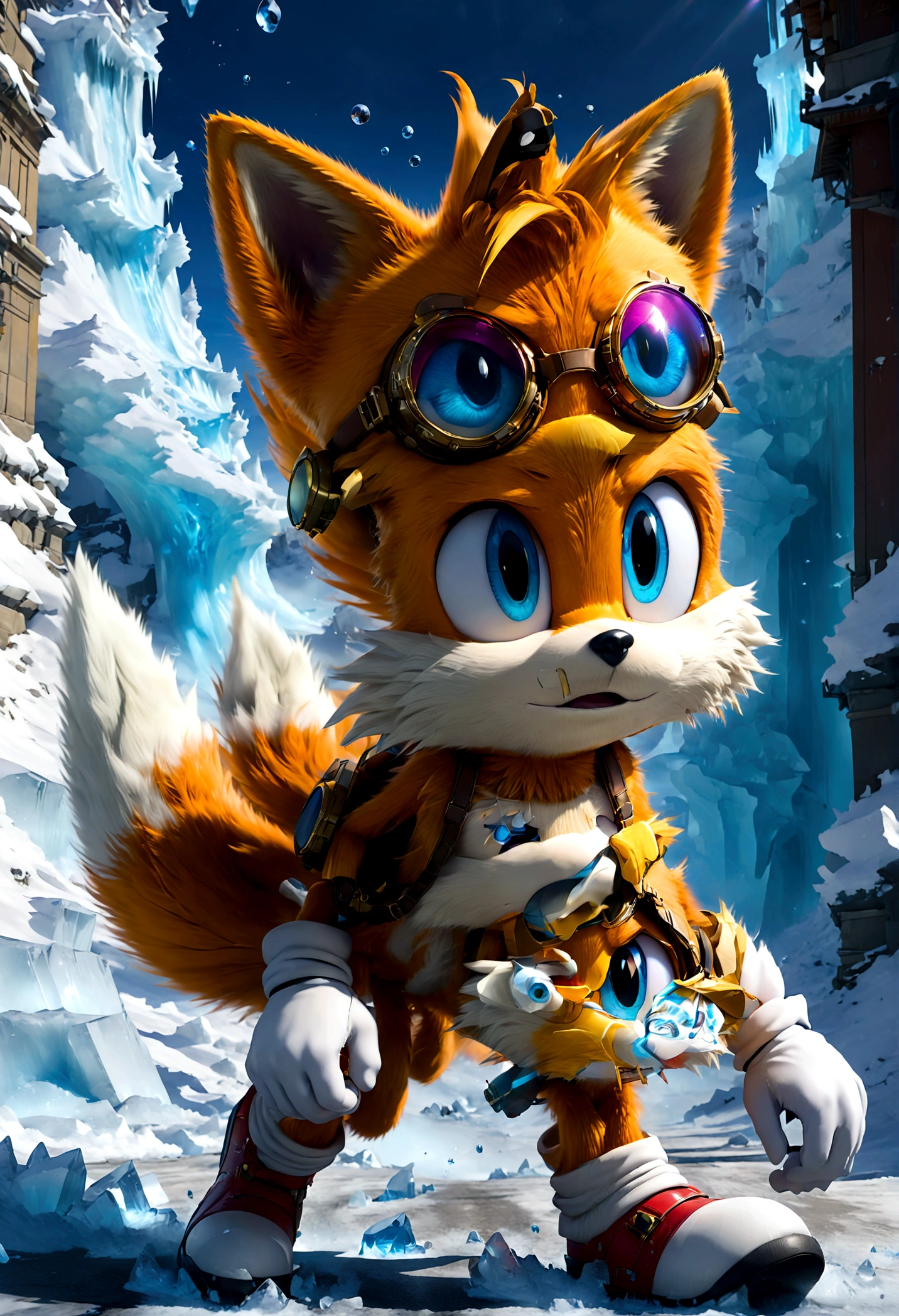 1boy, tails_boom, Zipping through the icy world, Tails speeds across arctic glaciers, utilizing the sliding effect on ice to advance swiftly, avoiding frigid crevasses and the threat of avalanches, in search of lost relics of civilization, solo, blue eyes, gloves, animal ears, male focus, white gloves, fox ears, goggles, multiple tails, furry, goggles on, furry male, animal nose, fox boy, streets, town, road, Running towards the viewer, (Motion Blur:1.2), action-lines, speed-lines, anime screenshot, source_anime, dramatic composition, cinematic dynamic action scene, vibrant colors, cinematic lighting, dramatic lighting, best quality, masterpiece, very aesthetic, perfect composition, intricate details, ultra-detailed