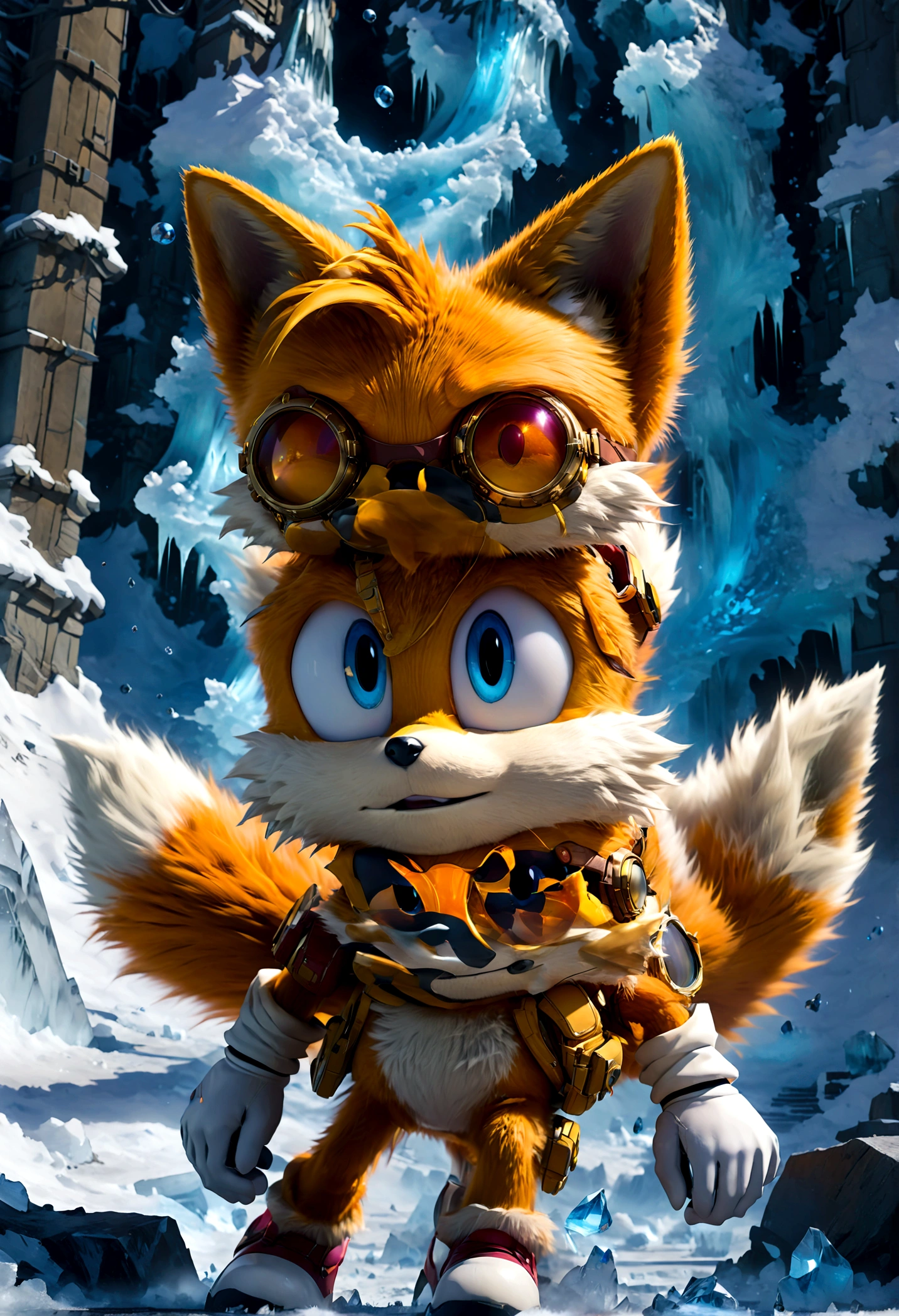 1boy, tails_boom, Zipping through the icy world, Tails speeds across arctic glaciers, utilizing the sliding effect on ice to advance swiftly, avoiding frigid crevasses and the threat of avalanches, in search of lost relics of civilization, solo, blue eyes, gloves, animal ears, male focus, white gloves, fox ears, goggles, multiple tails, furry, goggles on, furry male, animal nose, fox boy, streets, town, road, Running towards the viewer, (Motion Blur:1.2), action-lines, speed-lines, anime screenshot, source_anime, dramatic composition, cinematic dynamic action scene, vibrant colors, cinematic lighting, dramatic lighting, best quality, masterpiece, very aesthetic, perfect composition, intricate details, ultra-detailed