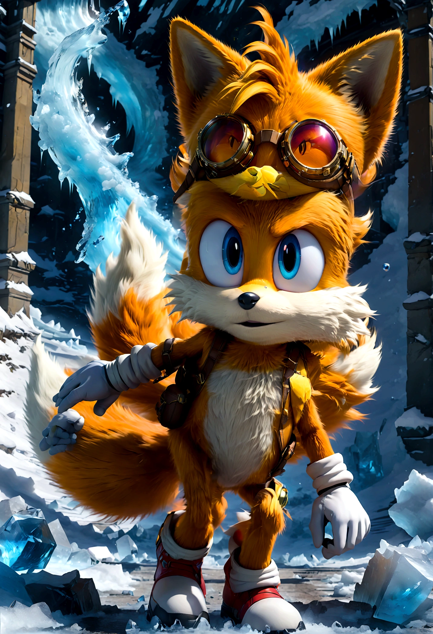 1boy, tails_boom, Zipping through the icy world, Tails speeds across arctic glaciers, utilizing the sliding effect on ice to advance swiftly, avoiding frigid crevasses and the threat of avalanches, in search of lost relics of civilization, solo, blue eyes, gloves, animal ears, male focus, white gloves, fox ears, goggles, multiple tails, furry, goggles on, furry male, animal nose, fox boy, streets, town, road, Running towards the viewer, (Motion Blur:1.2), action-lines, speed-lines, anime screenshot, source_anime, dramatic composition, cinematic dynamic action scene, vibrant colors, cinematic lighting, dramatic lighting, best quality, masterpiece, very aesthetic, perfect composition, intricate details, ultra-detailed