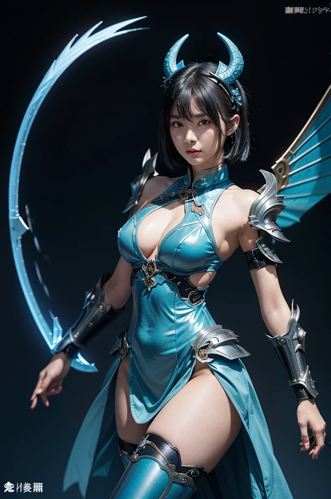 Vertical screen、Full Body、A beautiful Japanese warrior with cosmic beauty stands。She has a strong presence against a vibrant orange background.。Mint green short hair、It has a pair of large horns on its head.。Her expression was serious and、Makes you feel strong-willed。

Her outfit is very distinctive、Featuring metal armor and fantasy-inspired decoration。The armor is a shiny metallic color.、Blue or purple、The black shades are perfectly combined。Shoulders and arms、The legs have complex mechanical parts.、It seems to have improved mobility and defense.。Her left arm is especially heavily armored.、It seems to function as a key element in attack and defense in battle.。

She has big wings spread across her back.、これもBlue or purpleの色合いで描かれています。The wings are designed to resemble a dragon.、It emphasizes her fantasy element.。Also、She has a long tail growing from her waist.、This tail is also made up of mechanical parts.。

In her right hand she holds a huge sword.、This sword is designed to look as if it is one with the machine.。The blade of the sword is sharp、It appears to emit a blue light。The sword hilt has intricate mechanical details.、It shows that it is her powerful weapon.。

Under her costume、I see a white frilly skirt、The design combines the strength of a warrior with cuteness.。Overall、Her designs have a unique style that combines futuristic technology with fantasy elements.。

The background is a simple orange color.、It&#39;s an effective contrast that brings out the strong presence of the characters.。The overall colors are vivid、It&#39;s a very visually striking image.。This image is、A story of a powerful female warrior in a world where the future and fantasy intersect、It&#39;s a very artistic piece.。