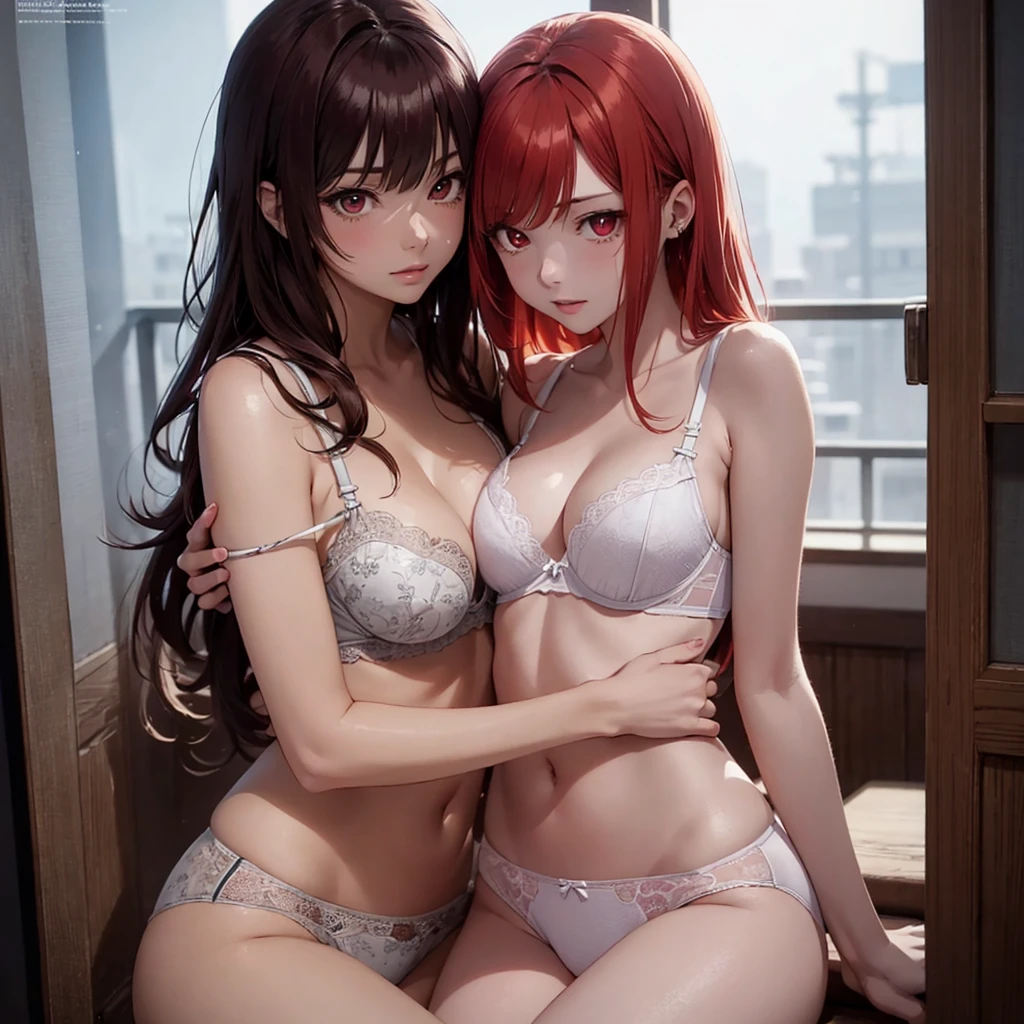 Two beautiful young women, Anime Style, Detailed face, Redhead, Red eyes, Delicate features, Soft lighting, underwear, Embrace each other, Intimate pose, One touches the other's face gently, Sit on a cozy sofa, Warm and cozy living room, Relaxed affection, Dynamic pose, Japanese Anime Style, high quality, Very detailed, 8K resolution, Cinema Lighting, 最high quality, Vibrant colors, Instagrammable, beautiful, trend