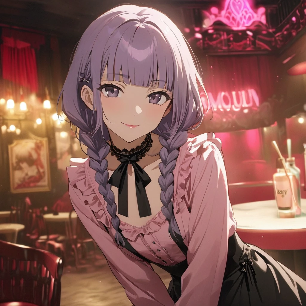 (yuri 2girls:1.5), (one girl with closs hair pin,pale purple hair,wavy two braids,blunt bangs hair,green and black eyes,
pink shirt,cosplay, jirai kei, bangs, black skirt, black bow, looking at viewer, bow, long sleeves, choker, ribbon,pink lips, :1.4),BREAK,(other girl with pale purple hair,wavy blunt bangs hair,green and black eyes, Black bunny girl costume, red high heels,High leg, fishnet stockings, white bunny tail, black bunny ears, front view:1.3 ),BREAK, (masterpiece:1.3), anime visual, (Lovey-dovey:1.5), (tilt head:1.3), extremely delicate face, soft clean focus, realistic lighting and shading, (an extremely delicate and beautiful art:1.3), elegant, (muted colors:1.1), small breast,slim,The Moulin Rouge in Paris, mysterious pink light, a slightly dark room,look at viewer,smiling,night lit,