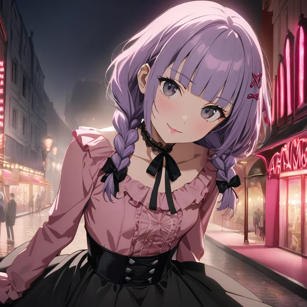 (yuri 2girls:1.5), (one girl with closs hair pin,pale purple hair,wavy two braids,blunt bangs hair,green and black eyes,
pink shirt,cosplay, jirai kei, bangs, black skirt, black bow, looking at viewer, bow, long sleeves, choker, ribbon,pink lips, :1.4),BREAK,(other girl with pale purple hair,wavy blunt bangs hair,green and black eyes, Black bunny girl costume, red high heels,High leg, fishnet stockings, white bunny tail, black bunny ears, front view:1.3 ),BREAK, (masterpiece:1.3), anime visual, (Lovey-dovey:1.5), (tilt head:1.3), extremely delicate face, soft clean focus, realistic lighting and shading, (an extremely delicate and beautiful art:1.3), elegant, (muted colors:1.1), small breast,slim,The Moulin Rouge in Paris, mysterious pink light, a slightly dark room,look at viewer,smiling,night lit,
