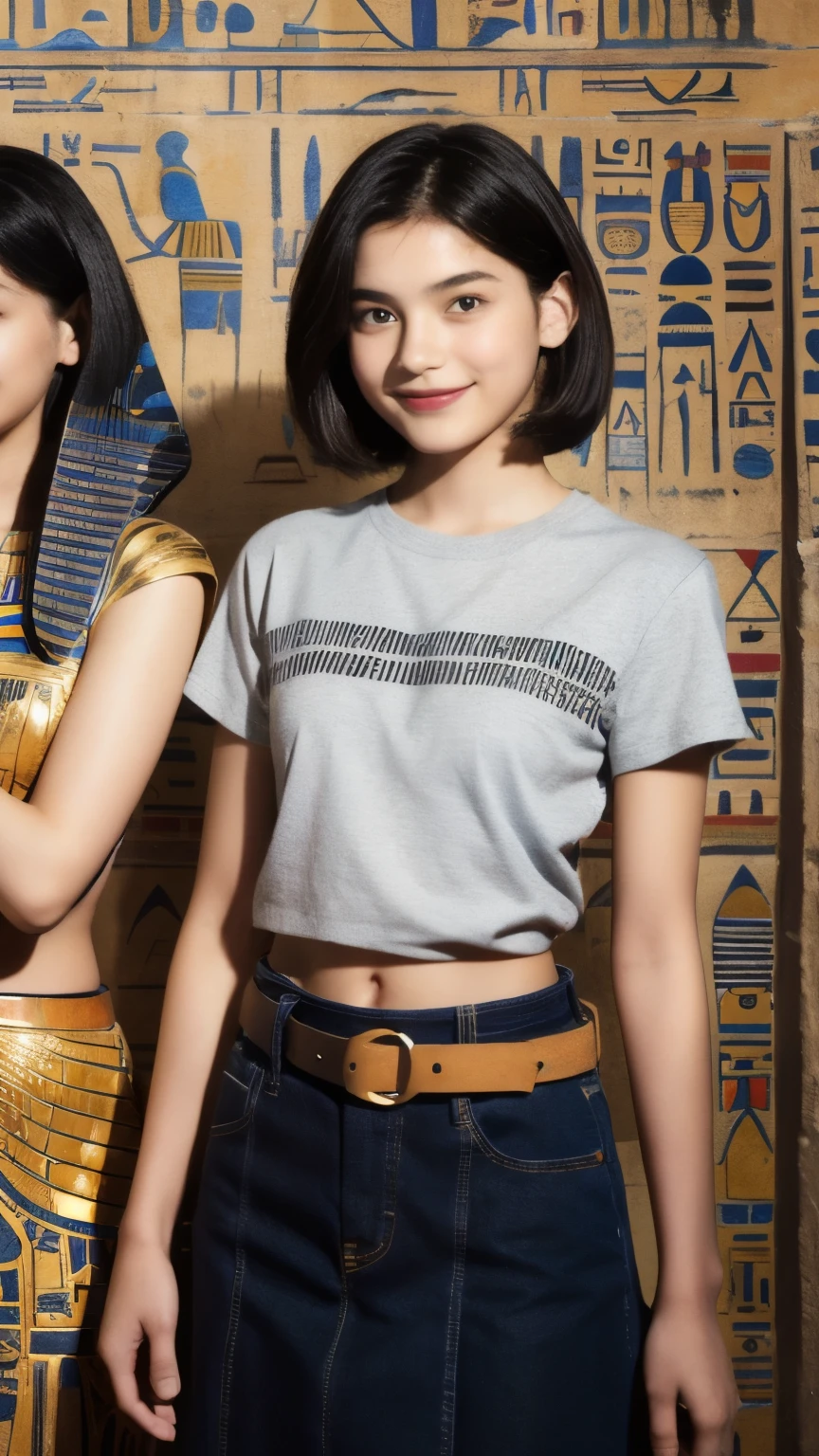 246 (In the mural２people々々々), (An 18-year-old female and an 18-year-old male), short hair,kind, lipstick, Egyptian civilization, Waist belt, Hieroglyphics, smile