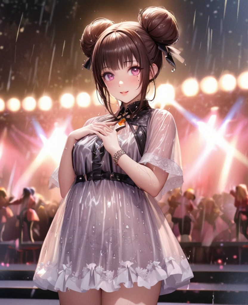 one girl, staring at the audience, beautiful pink eyes, brown hair in short twin tails, mole under eye, plump glossy lips, heart shaped choker, idol, her name is Mei, smiling, . . . 3D, realistic, idol's costume was drenched in heavy rain, her chest was wet and see-through, heavy rain at outdoor concert, draped clothes, jewelry and decorations removed, floral patterns, lace trim, glittering on stage, masterpiece, best quality, 8k, detailed skin texture, detailed fabric texture, beautifully detailed face, intricate details, highly detailed, ultra high resolution, 8k Ultra HD, film grain, best shadows, delicate, staring at the audience, front