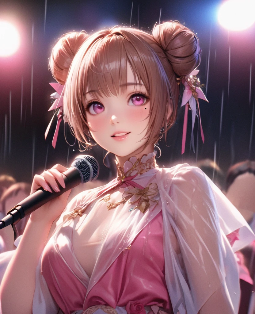 One Girl、Looking at the audience、lovely,
Beautiful pink eyes、Two brown double hair buns , Mole under the eye、Plump and glossy lips、Heart-shaped choca、Idol、Her name is Rico,smile、ー、。.。.。.。.。.。.。.。.。.。.。.。.。.。.。.。.。.。.3D、Realistic、
The idol's costume was soaked in the heavy rain, and her chest was wet and transparent.Heavy rain at outdoor concert, Drape clothes、gem、The decoration has been removed、Floral、Lace trim,On a glittering stage、
masterpiece、highest quality、8k、Detailed skin texture、Detailed cloth texture、Beautifully detailed face、Intricate details、Very detailed、
超A high resolution、8k Ultra HD、Film Grain、Best Shadow、delicate、Gazing at the audience、front