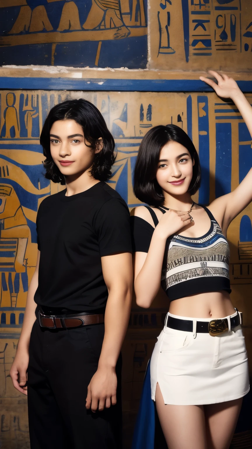 245 Inside the mural2people(18 year old female and 18 year old male), short hair,kind, lipstick, Egyptian civilization, Belt on waist, hieroglyph, smile