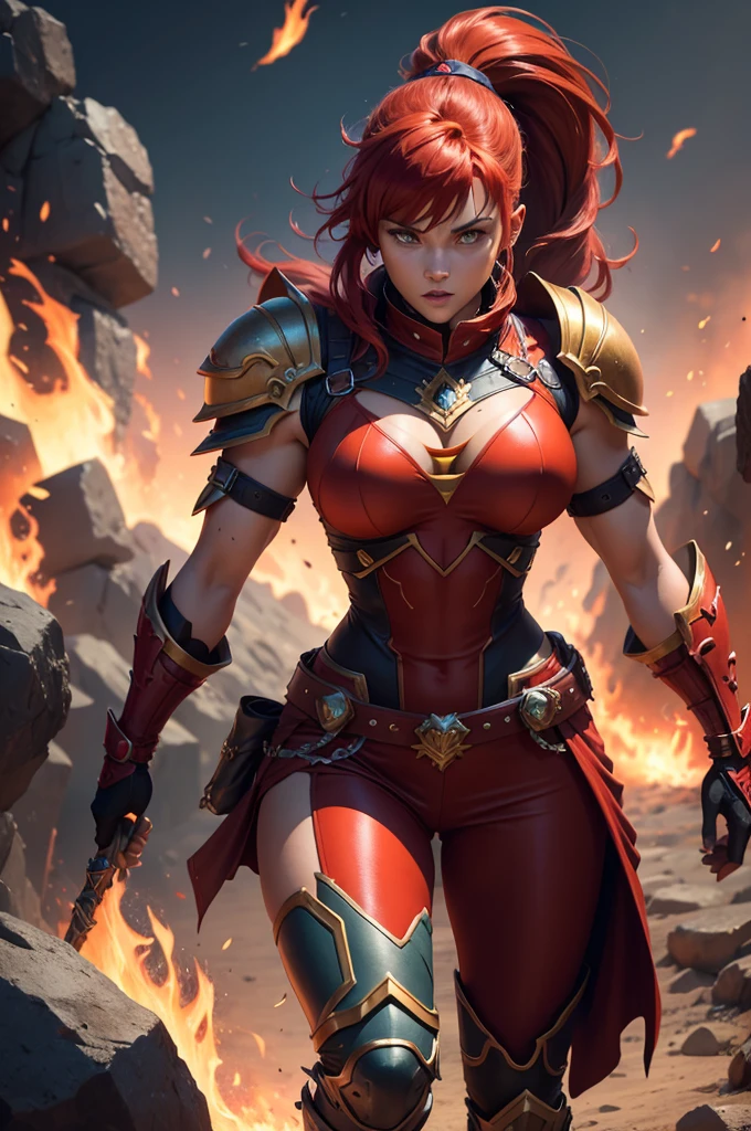 A muscular female warrior battle chasers nightwar red monika with red hair in a high ponytail, wearing a red and gold armored outfit. Her costume includes a form-fitting top and large shoulder guards, with a dark cloak around her neck. The background is dark with orange flames, adding a dramatic effect. JoeMAD2023,1girl, Red_Monica_v2, large breasts, action pose, 8k, uhd, best quality, cartoon, armor, trending on artstation, vibrant colors, epic fantasy, comic style,red hair, ancient city, toned body, abs,