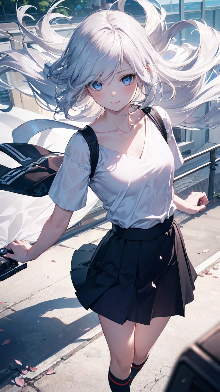 (One girl, with blue eyes and white hair, 28 years old:1.3), (Realistic:1.4), (masterpiece, highest quality, highest quality, Official Art), Very detailed, Most detailed, (Super detailed), ((Very delicate and beautiful)), Cinematic Light, (Realistically:1.3), (Highly detailed skin:1.2), High resolution, 8k UHD, 4K, 8k, Bokeh, Digital single-lens reflex camera,（Cute older sister:1.3）、Long eyelashes、Slanted Eyes、smile,Spring atmosphere、noon、Aggressive、((Strong winds))、Black knee-high socks、 Dynamic Angle, From above, Small breasts, V-neck, Spread your legs a little、Henry Shirt、skirt、Silver Hair、shy