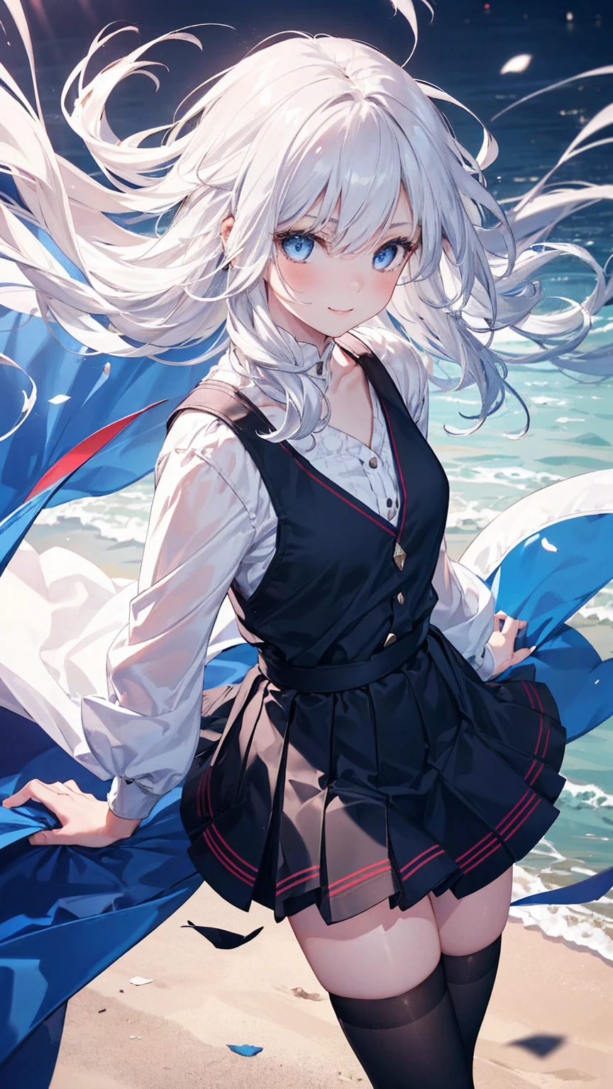 (One girl, with blue eyes and white hair, 28 years old:1.3), (Realistic:1.4), (masterpiece, highest quality, highest quality, Official Art), Very detailed, Most detailed, (Super detailed), ((Very delicate and beautiful)), Cinematic Light, (Realistically:1.3), (Highly detailed skin:1.2), High resolution, 8k UHD, 4K, 8k, Bokeh, Digital single-lens reflex camera,（Cute older sister:1.3）、Long eyelashes、Slanted Eyes、smile,Spring atmosphere、noon、Aggressive、((Strong winds))、Black knee-high socks、 Dynamic Angle, From above, Small breasts, V-neck, Spread your legs a little、Henry Shirt、skirt、Silver Hair、shy