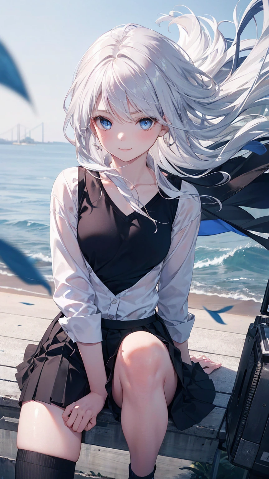 (One girl, with blue eyes and white hair, 28 years old:1.3), (Realistic:1.4), (masterpiece, highest quality, highest quality, Official Art), Very detailed, Most detailed, (Super detailed), ((Very delicate and beautiful)), Cinematic Light, (Realistically:1.3), (Highly detailed skin:1.2), High resolution, 8k UHD, 4K, 8k, Bokeh, Digital single-lens reflex camera,(Cute older sister:1.3)、Long eyelashes、Slanted Eyes、smile,Spring atmosphere、noon、Aggressive、((Strong winds))、Black knee-high socks、 Dynamic Angle, From above, Small breasts, V-neck, Spread your legs a little、Henry Shirt、skirt、Silver Hair、shy