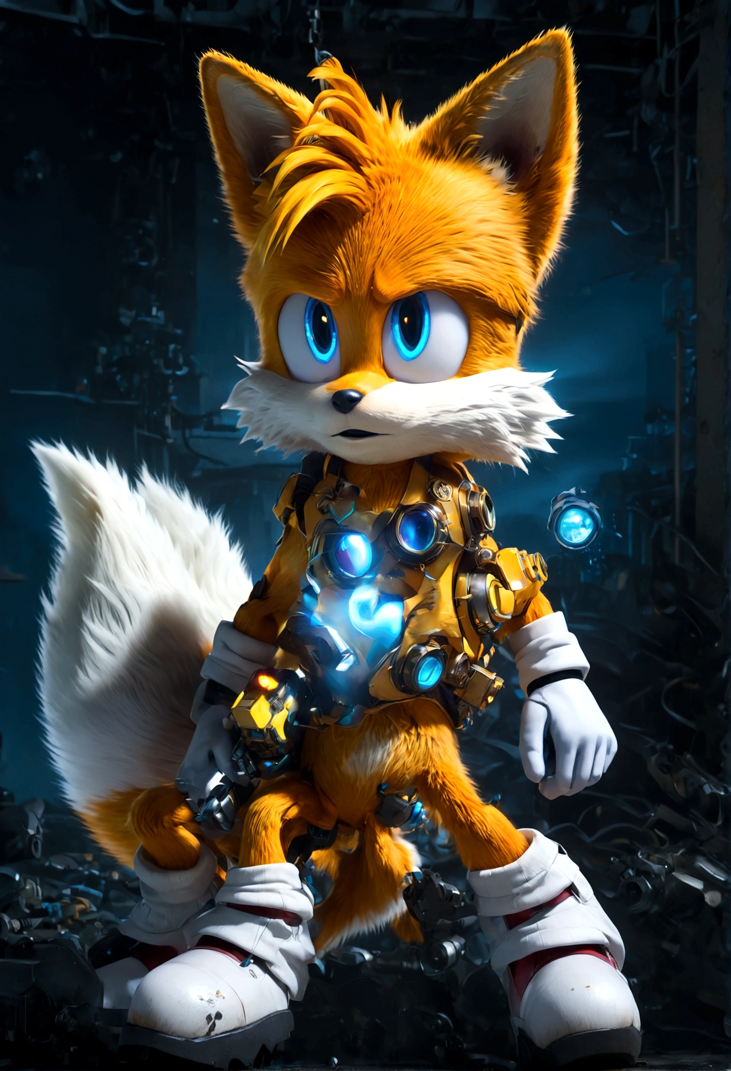 1boy, tails_boom, Within the dimly lit abandoned factory, Tails weaves between rusty pipes and gears, with the roar of machinery echoing in his ears. He skillfully manipulates various devices, evading malfunctioning robots, searching for an exit, solo, blue eyes, gloves, animal ears, male focus, white gloves, fox ears, goggles, multiple tails, furry, goggles on, furry male, animal nose, fox boy, streets, town, road, Running towards the viewer, (Motion Blur:1.2), action-lines, speed-lines, anime screenshot, source_anime, dramatic composition, cinematic dynamic action scene, vibrant colors, cinematic lighting, dramatic lighting, best quality, masterpiece, very aesthetic, perfect composition, intricate details, ultra-detailed