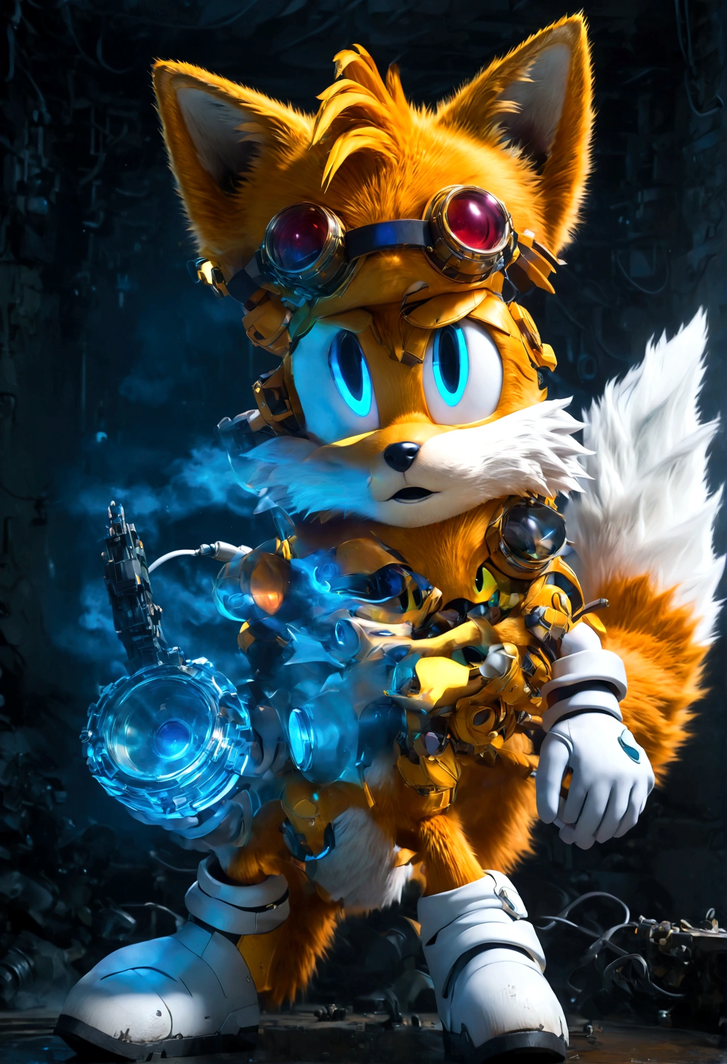 1boy, tails_boom, Within the dimly lit abandoned factory, Tails weaves between rusty pipes and gears, with the roar of machinery echoing in his ears. He skillfully manipulates various devices, evading malfunctioning robots, searching for an exit, solo, blue eyes, gloves, animal ears, male focus, white gloves, fox ears, goggles, multiple tails, furry, goggles on, furry male, animal nose, fox boy, streets, town, road, Running towards the viewer, (Motion Blur:1.2), action-lines, speed-lines, anime screenshot, source_anime, dramatic composition, cinematic dynamic action scene, vibrant colors, cinematic lighting, dramatic lighting, best quality, masterpiece, very aesthetic, perfect composition, intricate details, ultra-detailed