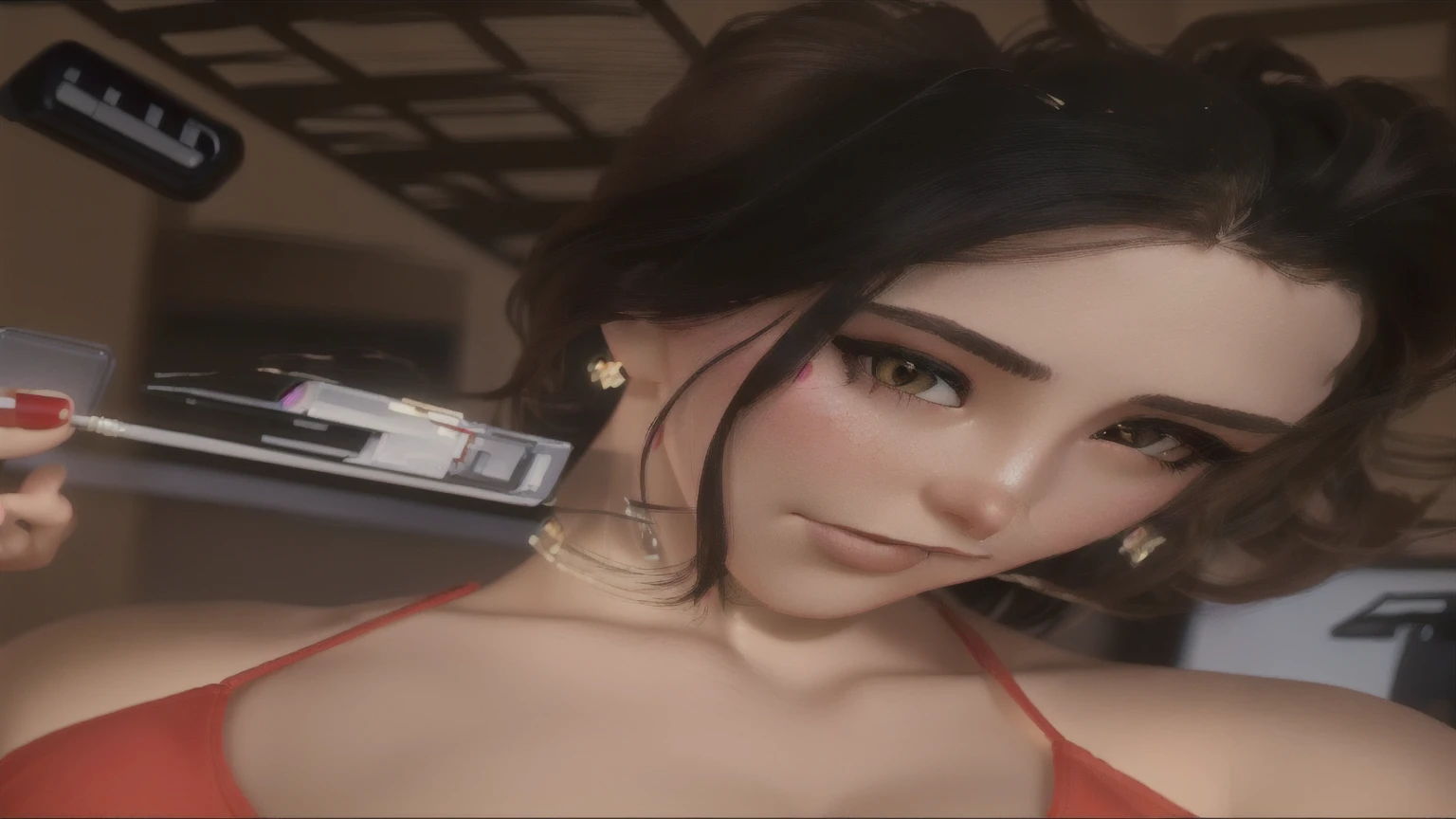 there is a woman in a red top holding a cigarette, 8k artgerm bokeh, ig model | artgerm, instagram model, 8k)), 8 k realistic digital art, sexy girl, 🤤 girl portrait, sexy face, sakimichan frank franzzeta, artgerm ; 3d unreal engine, ultra realistic 8k octan photo