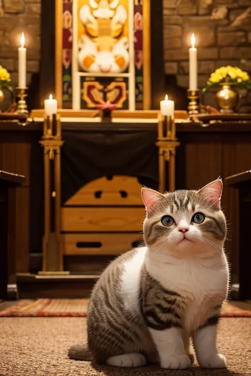 A round-eyed cute cat, Stand by the altar of the land god.