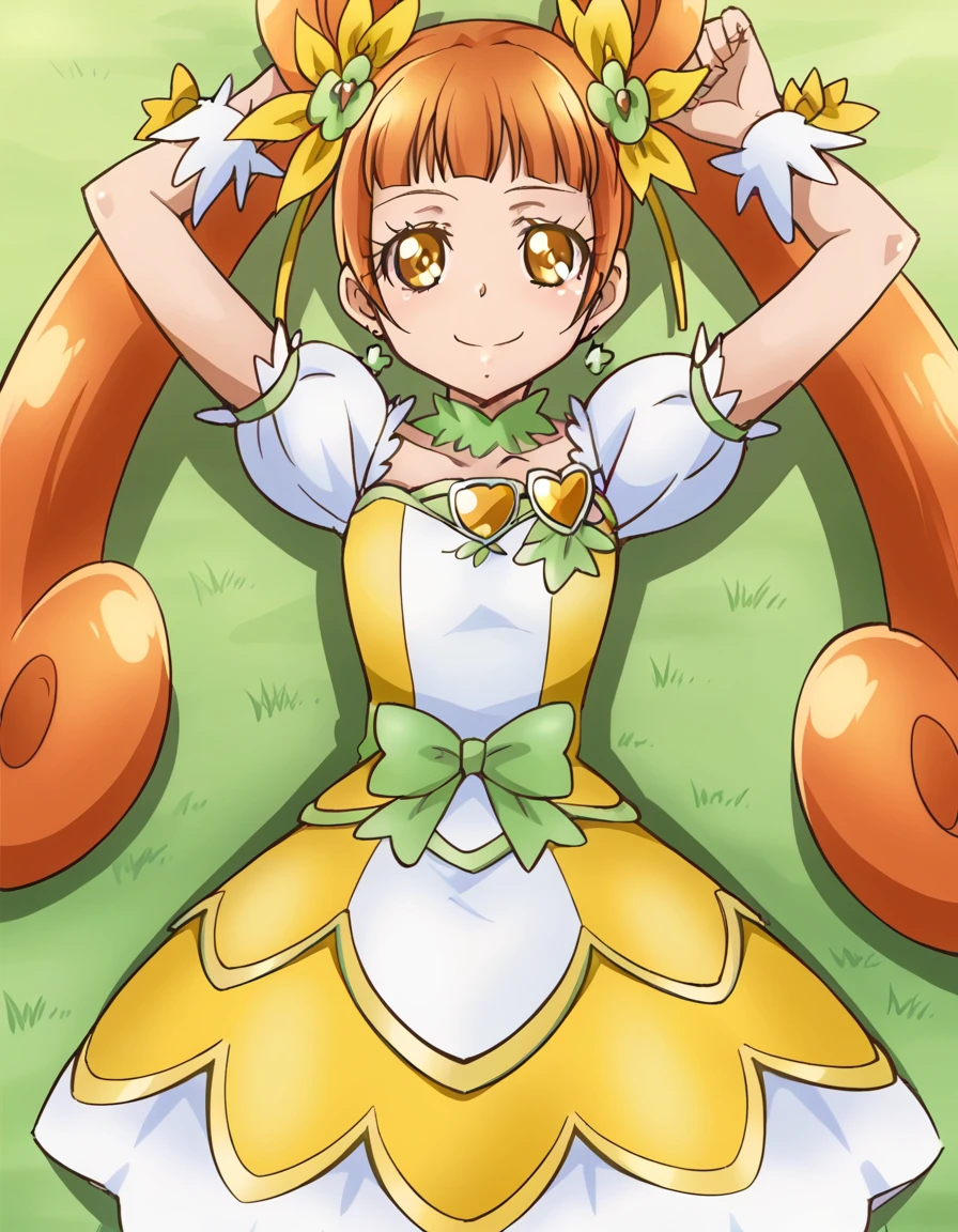 curerosetta, shiny skin, high quality, solo, lying, on back, arms up, spread arms, closed mouth, on grass, cowboy shot, looking at viewer, nervous, smile, best quality,