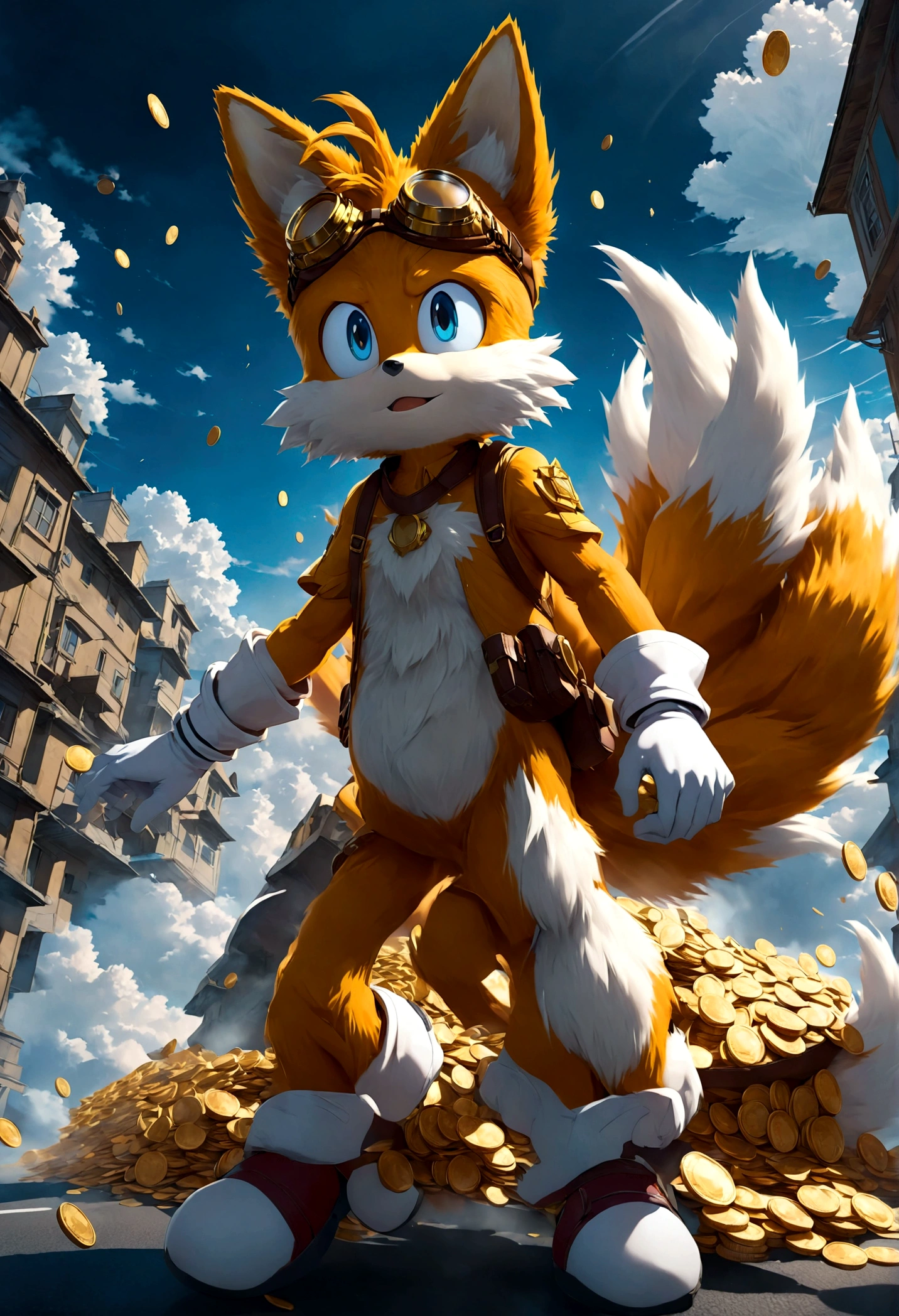 1boy, tails_boom, Above soft clouds, Tails enjoys the  of the sky, soaring among cloud layers like a flying bird, collecting floating gold coins, and dodging occasional cloud monsters, experiencing an aerial adventure, solo, blue eyes, gloves, animal ears, male focus, white gloves, fox ears, goggles, multiple tails, furry, goggles on, furry male, animal nose, fox boy, streets, town, road, Running towards the viewer, (Motion Blur:1.2), action-lines, speed-lines, anime screenshot, source_anime, dramatic composition, cinematic dynamic action scene, vibrant colors, cinematic lighting, dramatic lighting, best quality, masterpiece, very aesthetic, perfect composition, intricate details, ultra-detailed