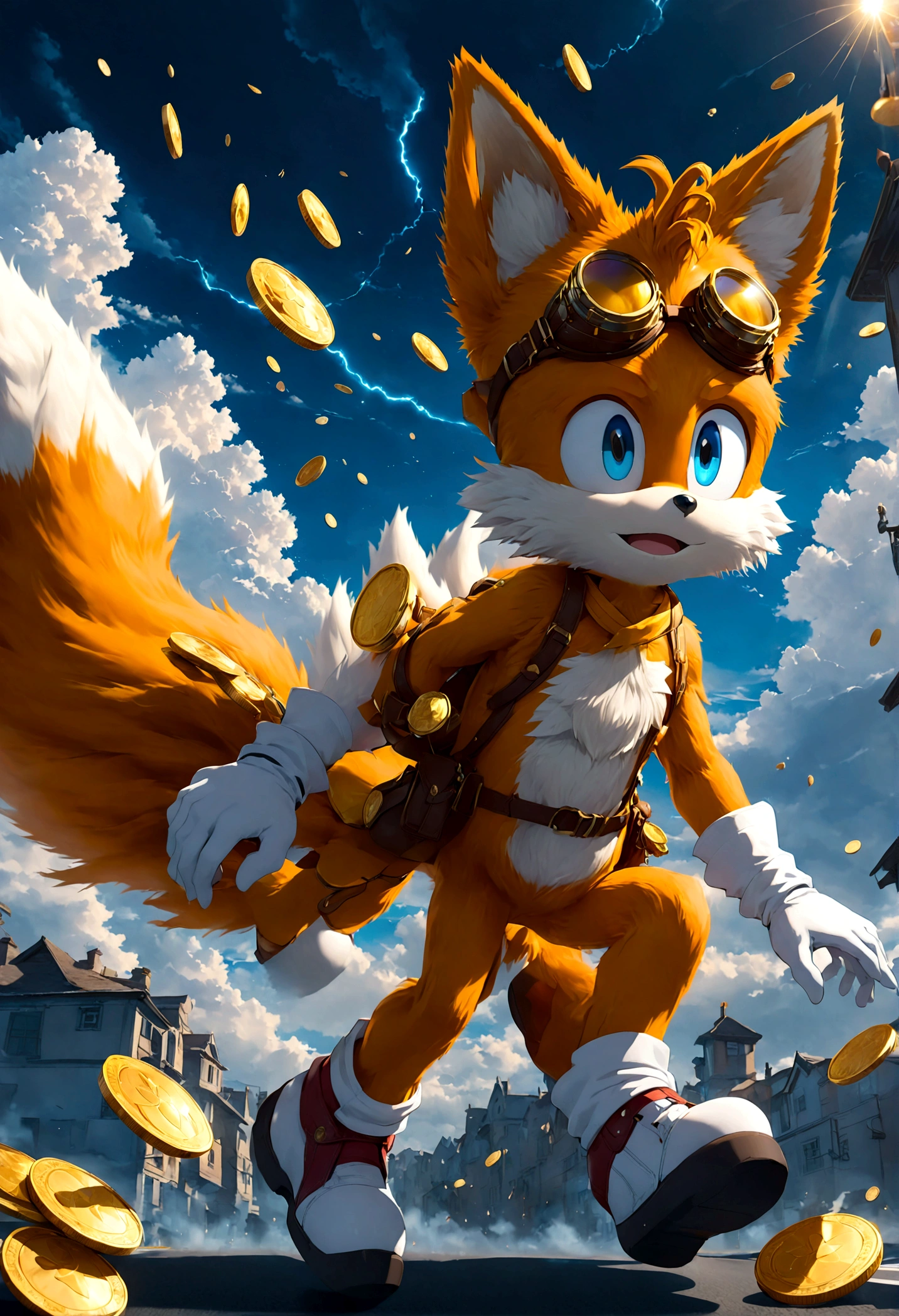 1boy, tails_boom, Above soft clouds, Tails enjoys the  of the sky, soaring among cloud layers like a flying bird, collecting floating gold coins, and dodging occasional cloud monsters, experiencing an aerial adventure, solo, blue eyes, gloves, animal ears, male focus, white gloves, fox ears, goggles, multiple tails, furry, goggles on, furry male, animal nose, fox boy, streets, town, road, Running towards the viewer, (Motion Blur:1.2), action-lines, speed-lines, anime screenshot, source_anime, dramatic composition, cinematic dynamic action scene, vibrant colors, cinematic lighting, dramatic lighting, best quality, masterpiece, very aesthetic, perfect composition, intricate details, ultra-detailed