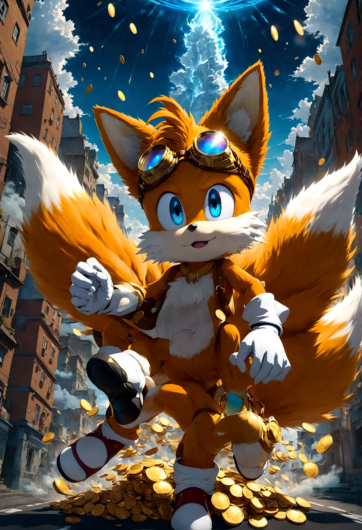 1boy, tails_boom, Above soft clouds, Tails enjoys the  of the sky, soaring among cloud layers like a flying bird, collecting floating gold coins, and dodging occasional cloud monsters, experiencing an aerial adventure, solo, blue eyes, gloves, animal ears, male focus, white gloves, fox ears, goggles, multiple tails, furry, goggles on, furry male, animal nose, fox boy, streets, town, road, Running towards the viewer, (Motion Blur:1.2), action-lines, speed-lines, anime screenshot, source_anime, dramatic composition, cinematic dynamic action scene, vibrant colors, cinematic lighting, dramatic lighting, best quality, masterpiece, very aesthetic, perfect composition, intricate details, ultra-detailed