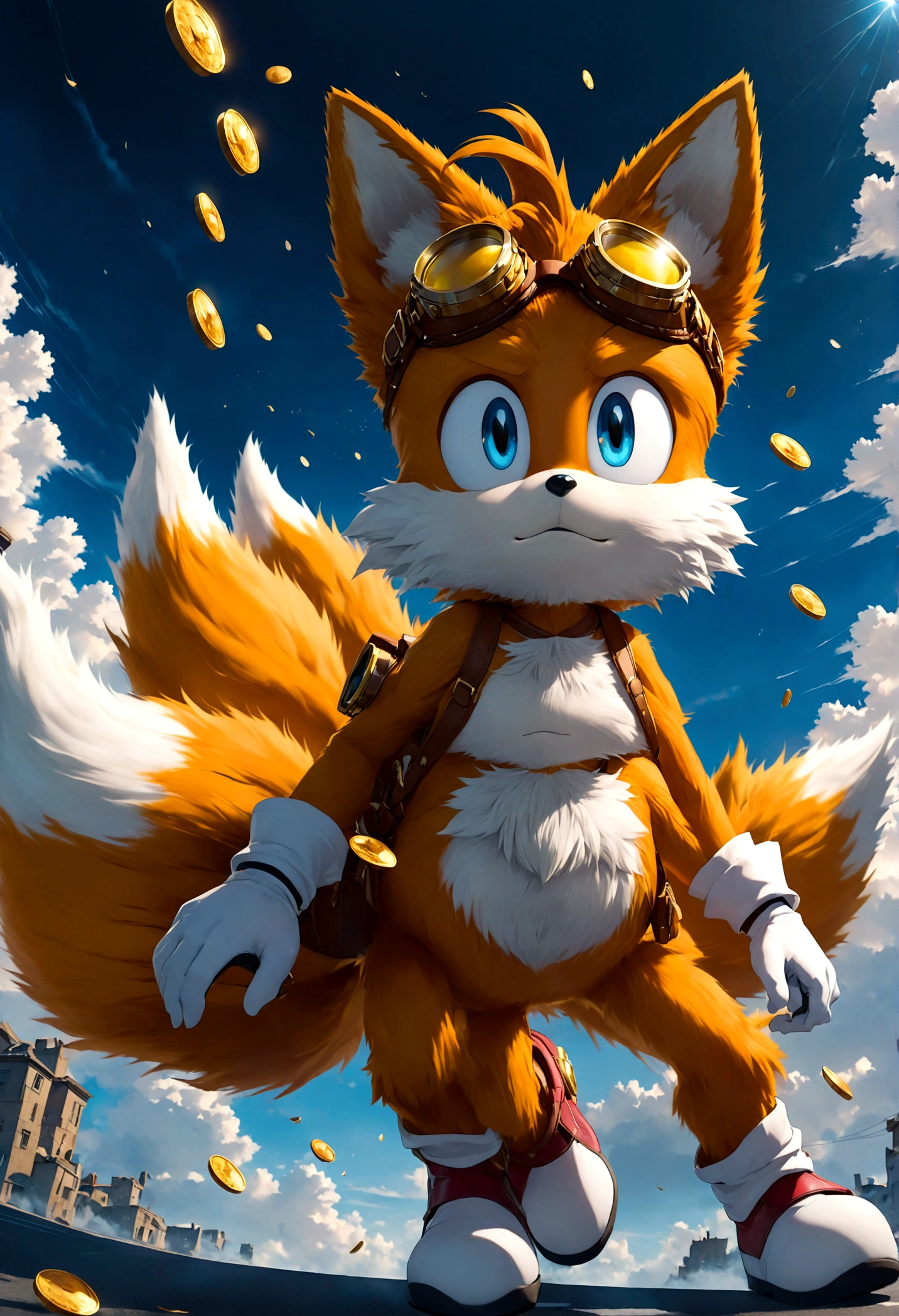 1boy, tails_boom, blue eyes, gloves, animal ears, male focus, white gloves, fox ears, goggles, multiple tails, furry, goggles on, furry male, animal nose, fox boy, streets, town, road, solo, Running readiness, Running towards the viewer, Motion Blur, action-lines, speed-lines, anime screenshot, source_anime, dramatic composition, cinematic dynamic action scene, vibrant colors, cinematic lighting, dramatic lighting, best quality, masterpiece, very aesthetic, perfect composition, intricate details, ultra-detailed