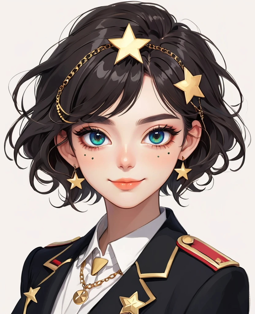 (Digital Illustration,Detailed anime style girl portrait,solitary,symmetry),(Colorful big eyes,Fashionable and exquisite facial features,Exquisite makeup,sweet smile,Star symbol on cheek,Soulful gaze,),(Fluffy bread,hairpin),(Black suit,Epaulette Chain,Cool,),Clean and simple white background,(((Correct human anatomy)))