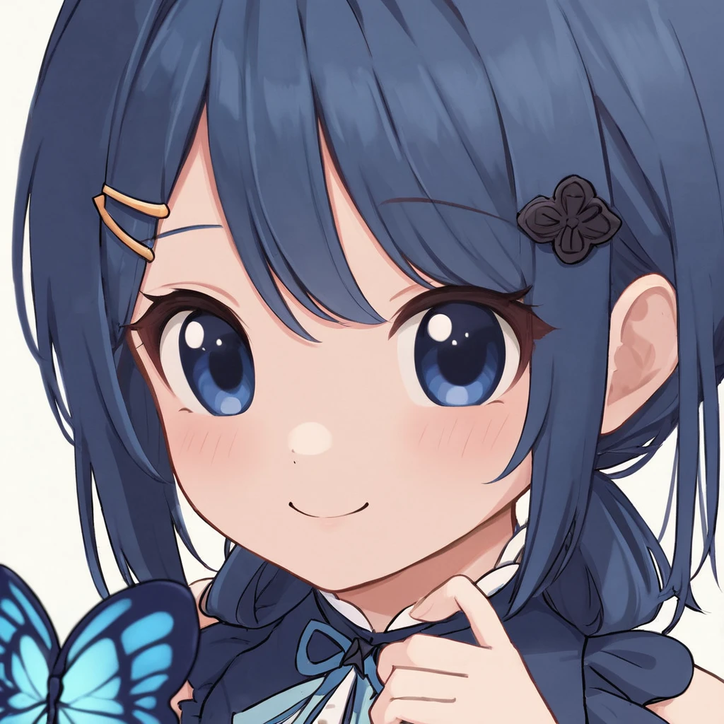 A beautiful with a sweet Lolita smile, has long dark blue hair, dark blue eyes, wears a blue shirt with a short blue skirt, wears a hair clip, Wearing a blue butterfly-shaped hairpin, smiling very sweetly,Very cute smile, little body, slim,Fair skin,