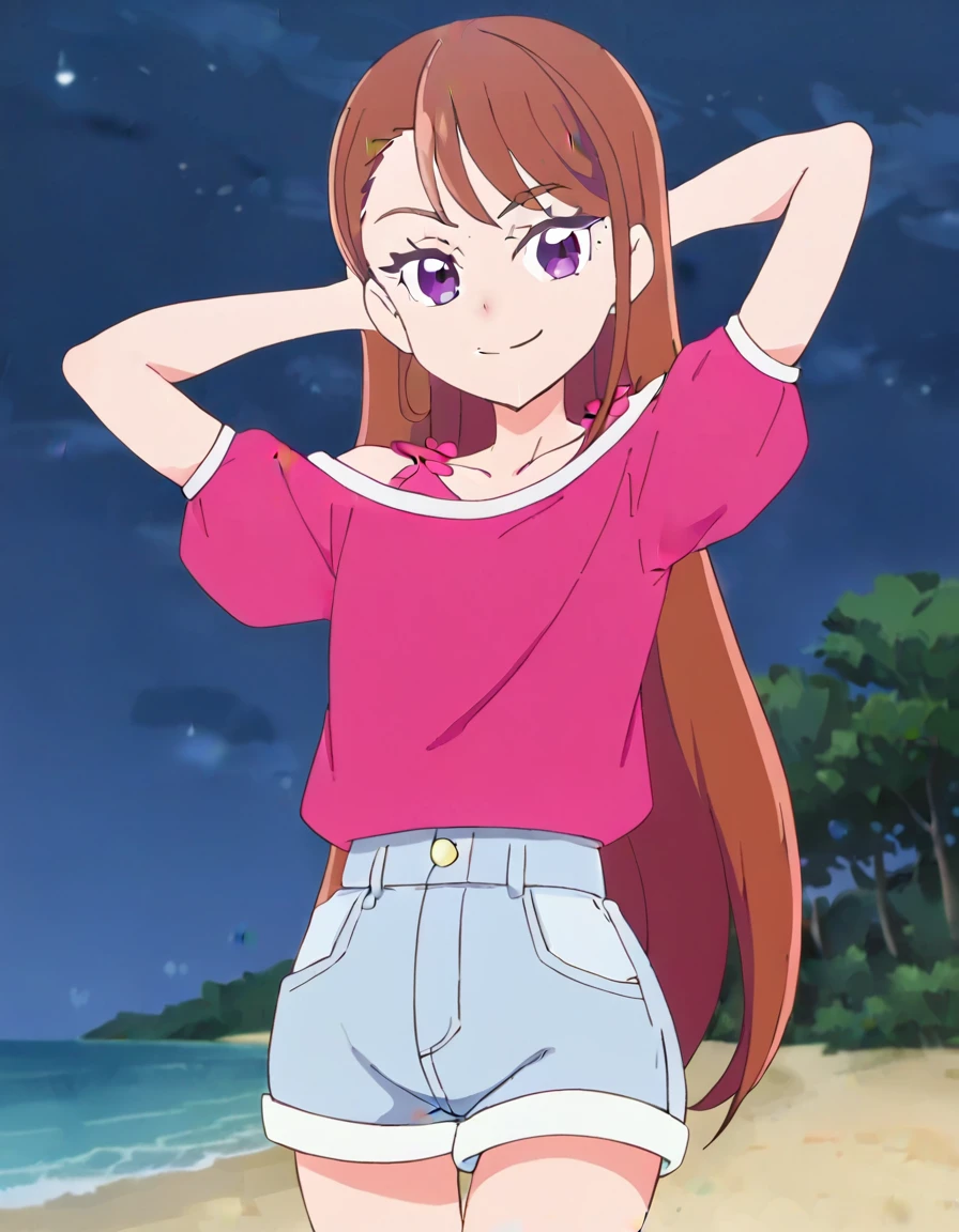 hijiri ageha, brown hair, long hair, purple eyes,
pink shirt, off-shoulder shirt, puffy short sleeves, denim shorts, high quality, solo, 1girl, night sky, beach, arms behind head, (contrapposto), closed mouth, spread armpits, (cowboy shot:1.5), looking at viewer, smile, best quality, smirk,