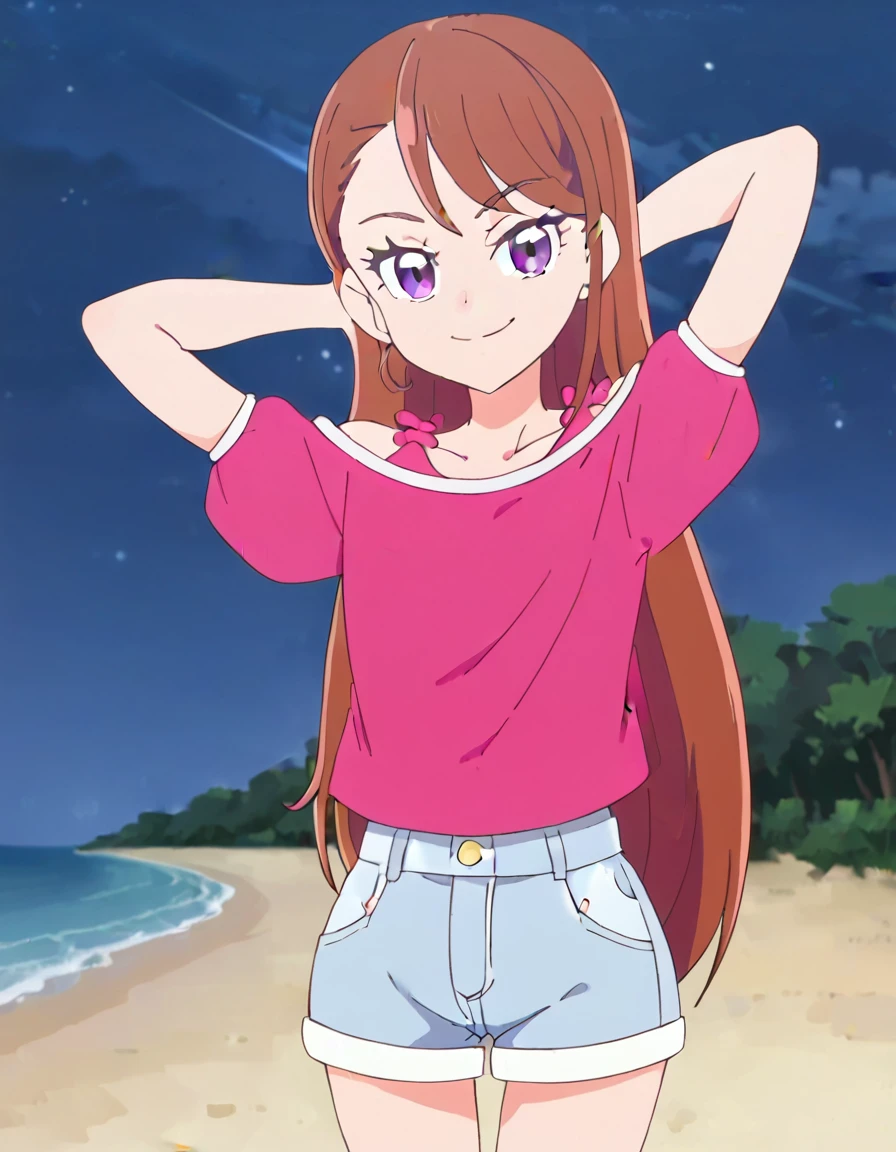 hijiri ageha, brown hair, long hair, purple eyes,
pink shirt, off-shoulder shirt, puffy short sleeves, denim shorts, high quality, solo, 1girl, night sky, beach, arms behind head, (contrapposto), closed mouth, spread armpits, (cowboy shot:1.5), looking at viewer, smile, best quality, smirk,