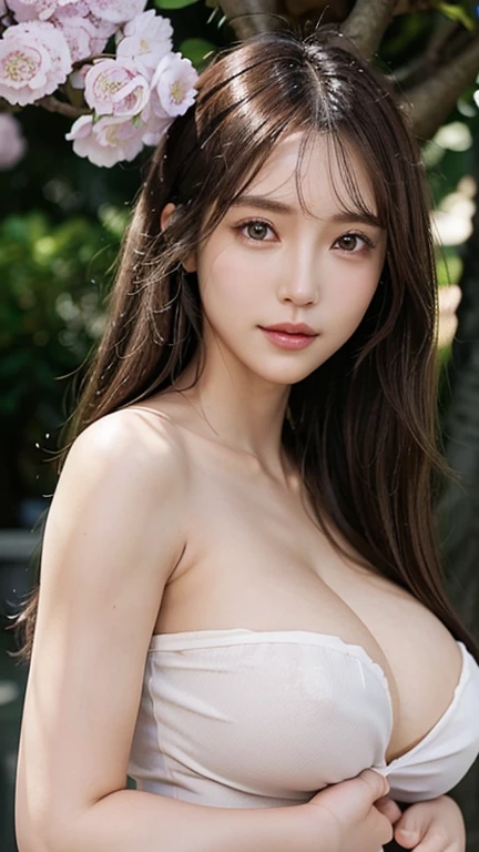 (((masterpiece:1.4, Best Quality:1.4, 8K,))), ultra high res, Physically Based Rendering, Portrait, ultra Beautiful Sexy Woman, 24yo, Detailed large eyes, detailed thin eyebrows, Highlights in the eyes, half-updo dark brown hair, Highly detailed facial and skin texture, Crisp focus, Clear focus:1.2, Slender beauty:1.4, ((huge breasts:1.5)), Slim abs, oval-face, Lip gloss, Clear facial features, gentle smile, standing, hands are clasped behind the buttocks, tight black knit dress, bare shoulders, sleeveless, Row of cherry trees, nude