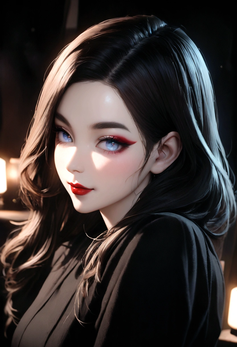 黒hairの女性, Strong blue eyes,With a strong glow, he begins his swing., thick and dark eyebrows, Well-made face, And red lipstick lips. She was wearing a black wool shirt. The environment is a photo studio,It has a perfect black background and impeccable lighting. A woman smiling happily for a photo. This photo shows、A close-up look at a woman's attractive facial features. 映画の照明は彼女の黒いhairを強調します,And it brought out the intense sparkle in her dark eyes., Create a seductive effect. Unreal Engine ensures photorealistic quality, Makes her look almost lifelike. 彼女の黒いhairは彼女の外見に個性的なタッチを追加します, Her bold eye makeup and red lipstick、Enhance her facial features with confidence and style. The black wool shirt she was wearing、It contrasted with her fair complexion., Create eye-catching visual appeal. A happy smile of a woman、Adds warmth and friendliness to your photos. The meticulously crafted lighting in the photo studio、Guarantees the fine details of women's makeup, hair, Clothes are displayed accurately. The camera chosen for this photo was、Captured the intricate details of her facial expressions and features. the result、Produces visually appealing images,The vibrant individuality and beauty of women、Captured in medium close-up. The combination of her unique look and studio setup、The photos stand out for their realism and charm