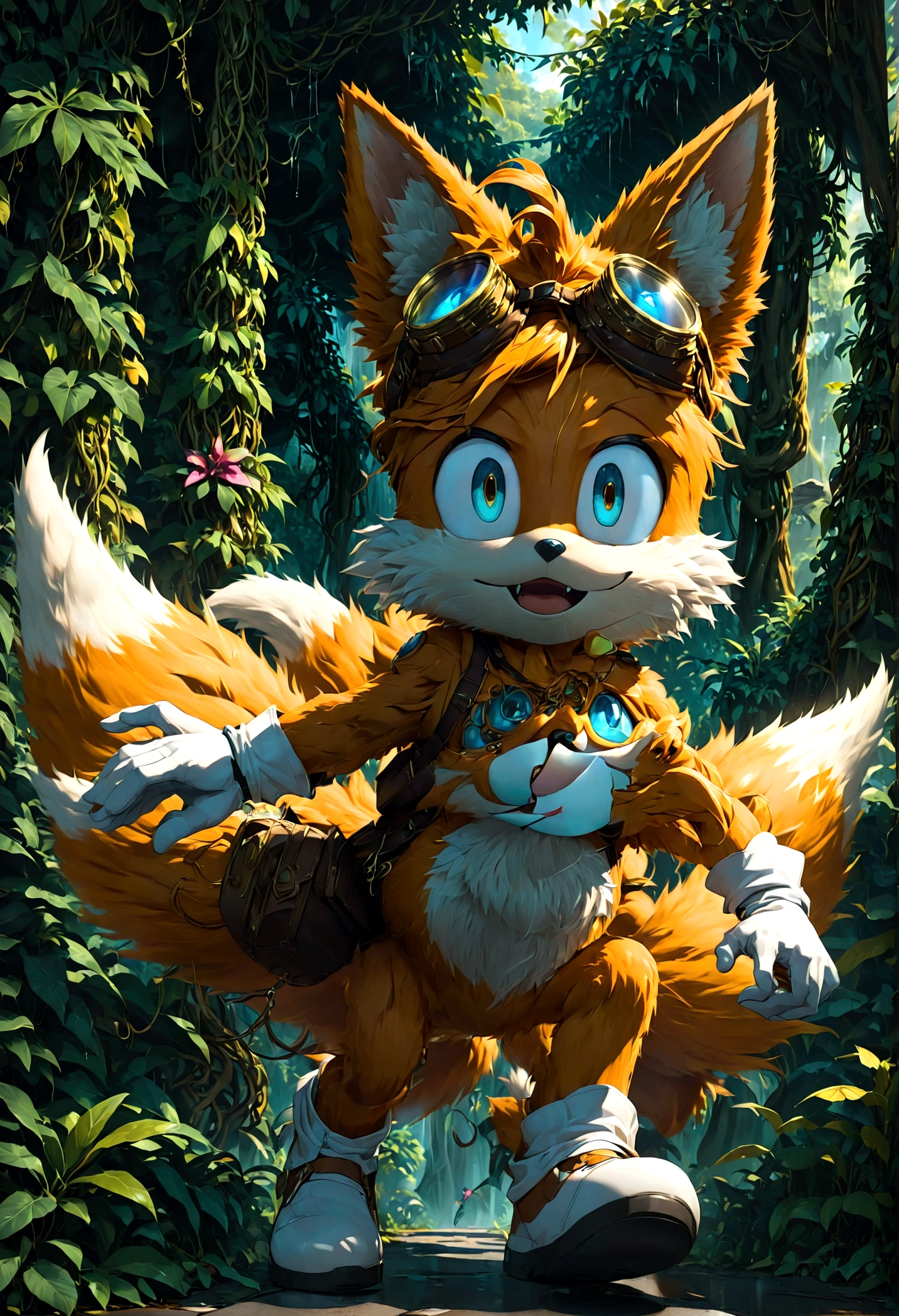 1boy, tails_boom, Amidst lush tropical rainforests, Tails dances with vibrantly colored creatures, weaving through dense vines and towering trees, dodging venomous snakes and fierce beasts, in search of mysterious treasures hidden deep within the jungle, solo, blue eyes, gloves, animal ears, male focus, white gloves, fox ears, goggles, multiple tails, furry, goggles on, furry male, animal nose, fox boy, streets, town, road, Running towards the viewer, (Motion Blur:1.2), action-lines, speed-lines, anime screenshot, source_anime, dramatic composition, cinematic dynamic action scene, vibrant colors, cinematic lighting, dramatic lighting, best quality, masterpiece, very aesthetic, perfect composition, intricate details, ultra-detailed