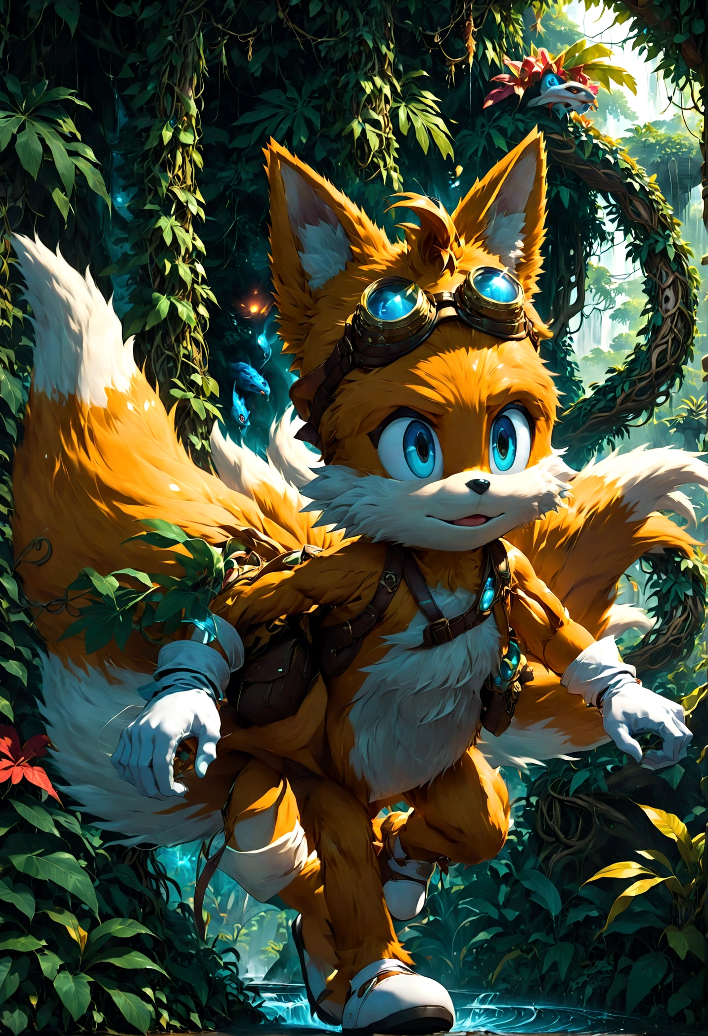 1boy, tails_boom, Amidst lush tropical rainforests, Tails dances with vibrantly colored creatures, weaving through dense vines and towering trees, dodging venomous snakes and fierce beasts, in search of mysterious treasures hidden deep within the jungle, solo, blue eyes, gloves, animal ears, male focus, white gloves, fox ears, goggles, multiple tails, furry, goggles on, furry male, animal nose, fox boy, streets, town, road, Running towards the viewer, (Motion Blur:1.2), action-lines, speed-lines, anime screenshot, source_anime, dramatic composition, cinematic dynamic action scene, vibrant colors, cinematic lighting, dramatic lighting, best quality, masterpiece, very aesthetic, perfect composition, intricate details, ultra-detailed