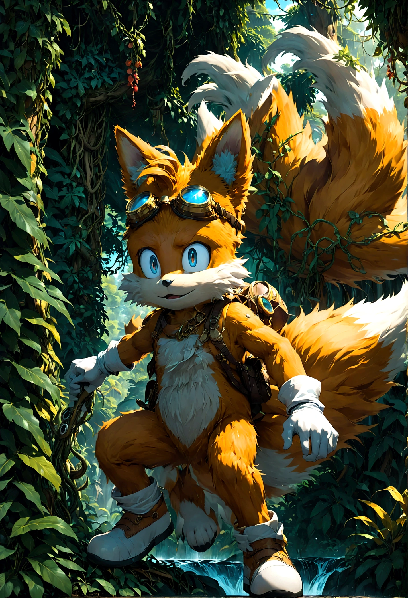 1boy, tails_boom, Amidst lush tropical rainforests, Tails dances with vibrantly colored creatures, weaving through dense vines and towering trees, dodging venomous snakes and fierce beasts, in search of mysterious treasures hidden deep within the jungle, solo, blue eyes, gloves, animal ears, male focus, white gloves, fox ears, goggles, multiple tails, furry, goggles on, furry male, animal nose, fox boy, streets, town, road, Running towards the viewer, (Motion Blur:1.2), action-lines, speed-lines, anime screenshot, source_anime, dramatic composition, cinematic dynamic action scene, vibrant colors, cinematic lighting, dramatic lighting, best quality, masterpiece, very aesthetic, perfect composition, intricate details, ultra-detailed