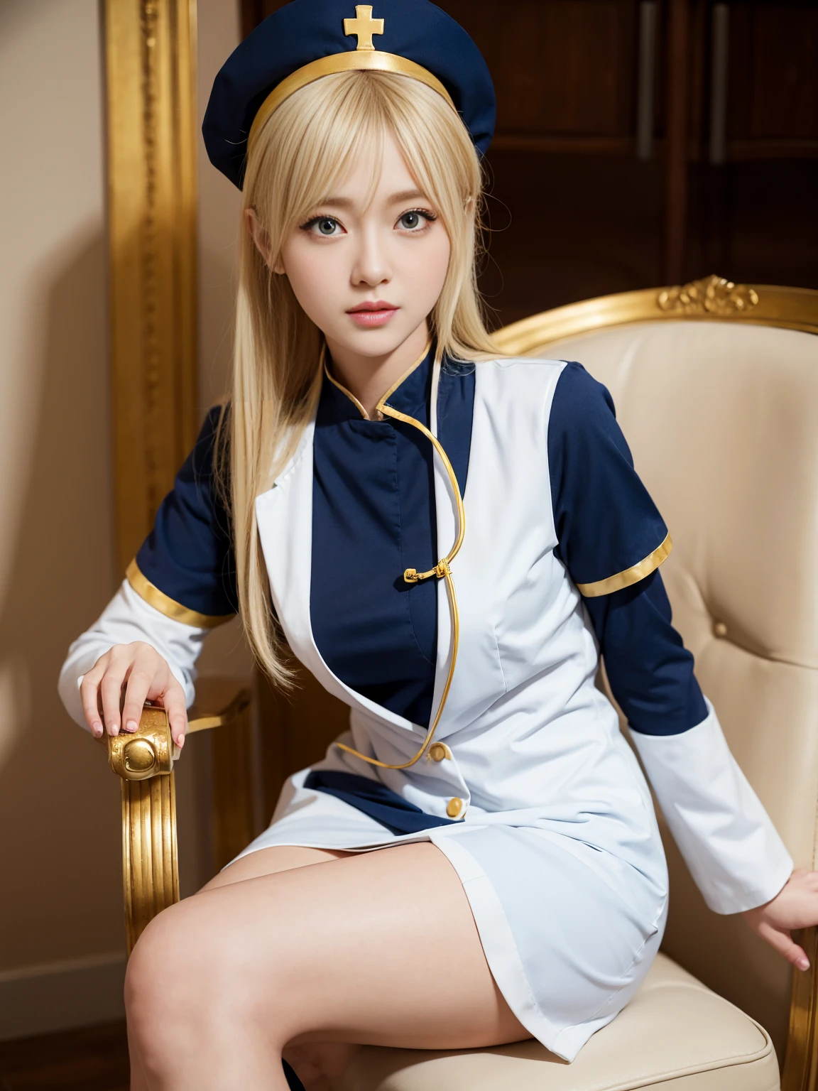 A blonde hair anime nurse girl, navy blue and white nurse outfit with golden decorations, wearing black stockings on legs, sitting on chair