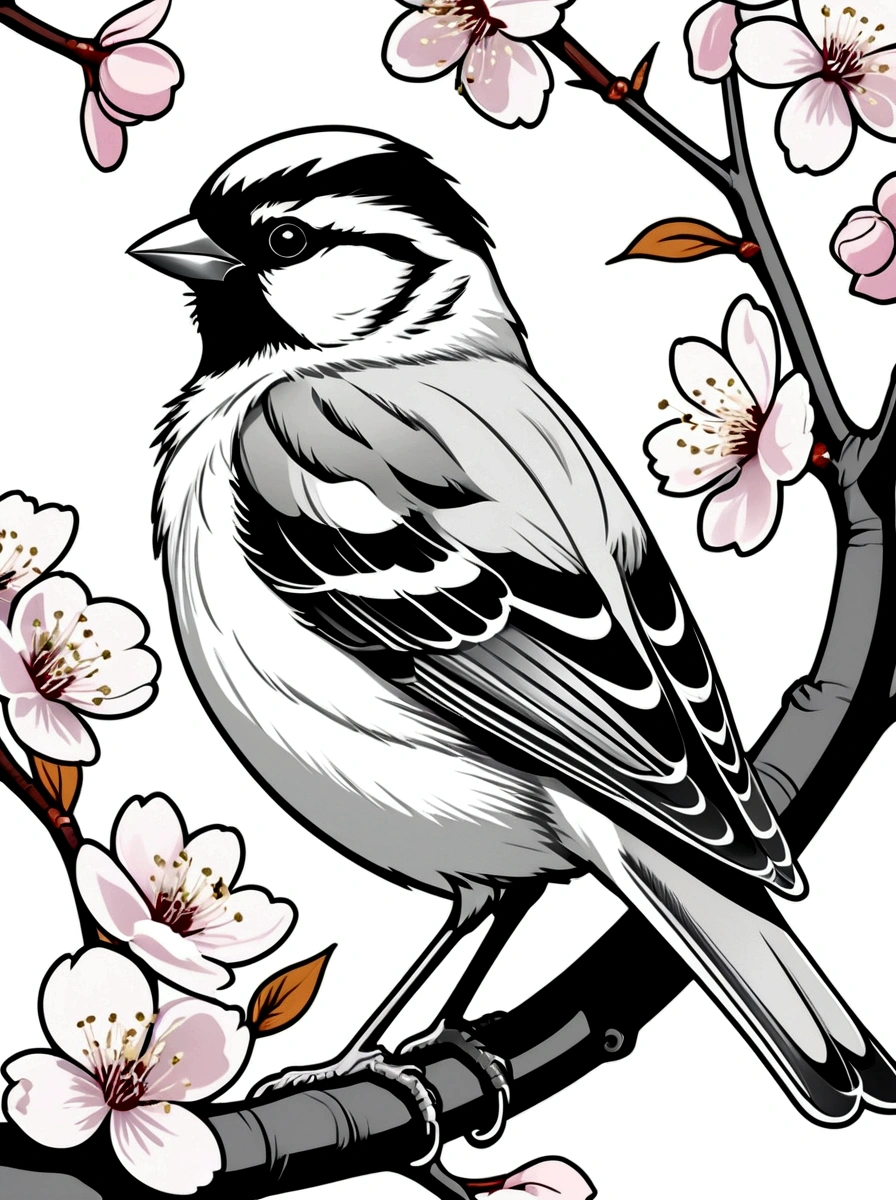 As a coloring book. White background, black and white, line drawing. No coloring. Borders should be simple, clear, distinct, and thick lines. By Cartoon style of sparrow, fluffy feathers, city park, cherry blossoms.